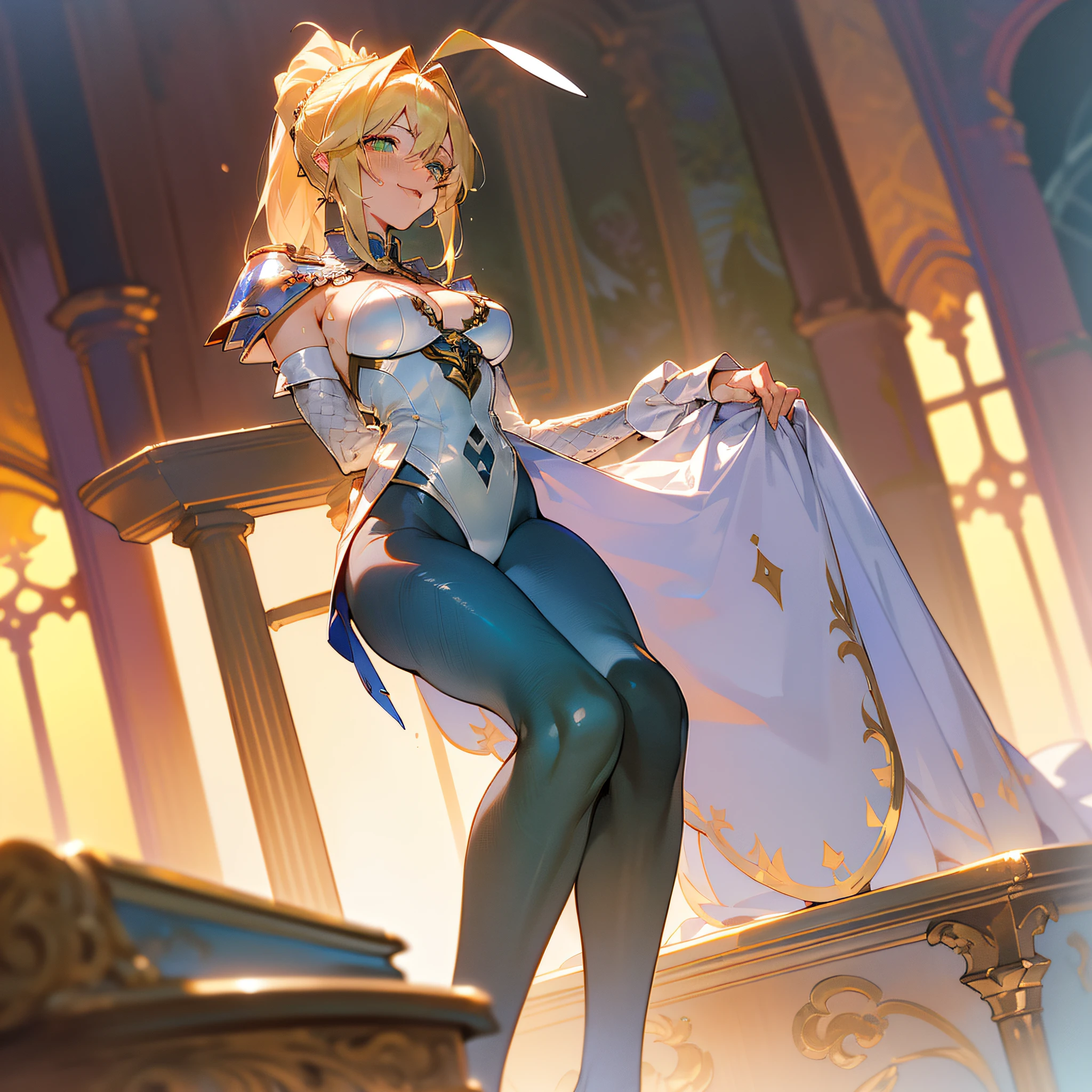 Artoria Pendragon \ (Destiny\), masterpiece, best quality, high resolution, super detailed, art book, anime coloring, CG, illustration, fantasy, 1 girl, solo, blood, male focus, looking at the audience, attoria pendragon \ (destiny\), armor, chest exposed, thighs exposed, detailed beautiful face and eyes, hands not exposed, body leaning forward, full body , mild sunlight ,warm environment, capable slender figure, large breasts , dexterous dynamic masterpiece, best quality, high resolution, super detailed,1 Girl, Solo, Artoria Pendragon \ (swimsuit ruler) \ (fate), blonde, sideburns, ponytail, ahoge, green eyes, navel, white tights, feather python, rabbit ears, wrist cuffs, split collar, openwork clothes, blue pantyhose, portrait, standing, casino, looking at the audience, sweat, giggling, rolling eyes, blushing, sticking out tongue