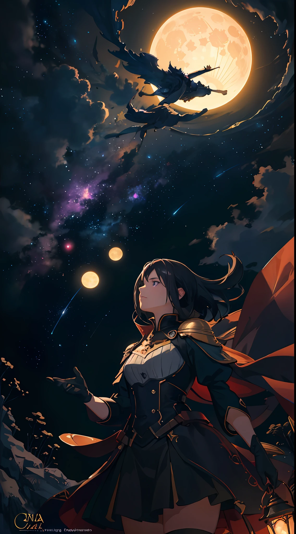 Vast landscape photos, (from below, the sky above, open fields below), a girl with black hair standing on a flower field looking up, (Full Moon: 1.2), (Meteor: 0.9), (Nebula: 1.3), Distant Mountains, Trees BREAK Making Art, (Warm Light Source: 1.2), (Firefly: 1.2), Lamps, Lots of Purple and Orange, Intricate Detailing, Volumetric Lighting, Realism BREAK (Masterpiece: 1.2), (Best Quality), 4K, Ultra-Detailed, (Dynamic Composition: 1.4), Very Detailed, Colorful Detail, (Iridescent Color: 1.2), (Glow Illumination, Atmospheric Lighting), Dreamy, Magical, (Solo: 1.2)