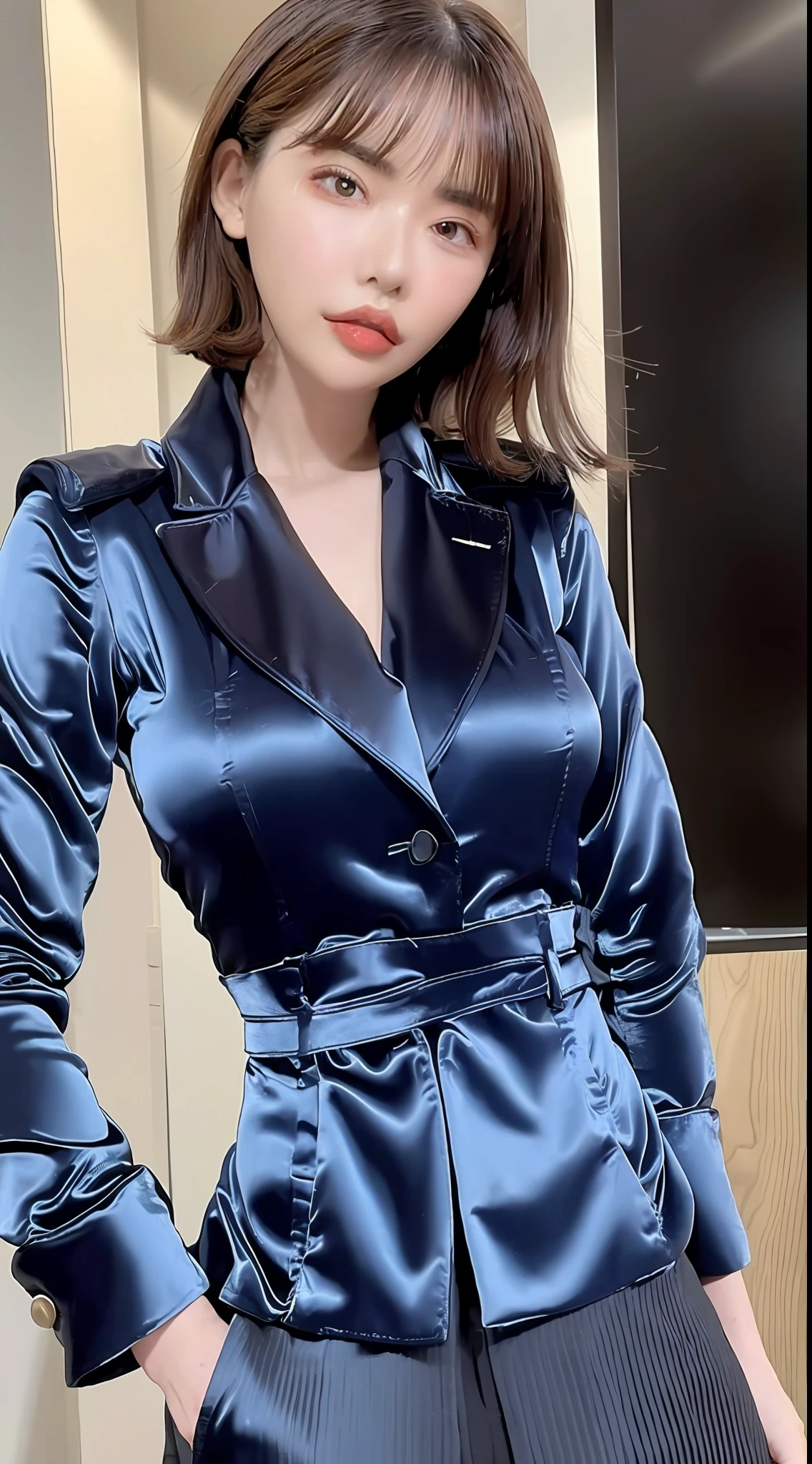 The highest quality, the highest image quality, the ultra-detailed, the material of the satent wrench coat, satin blouse, coat and blouse has a strong gloss, soft and smooth touch, seducing the viewer expression, face, full body shot,