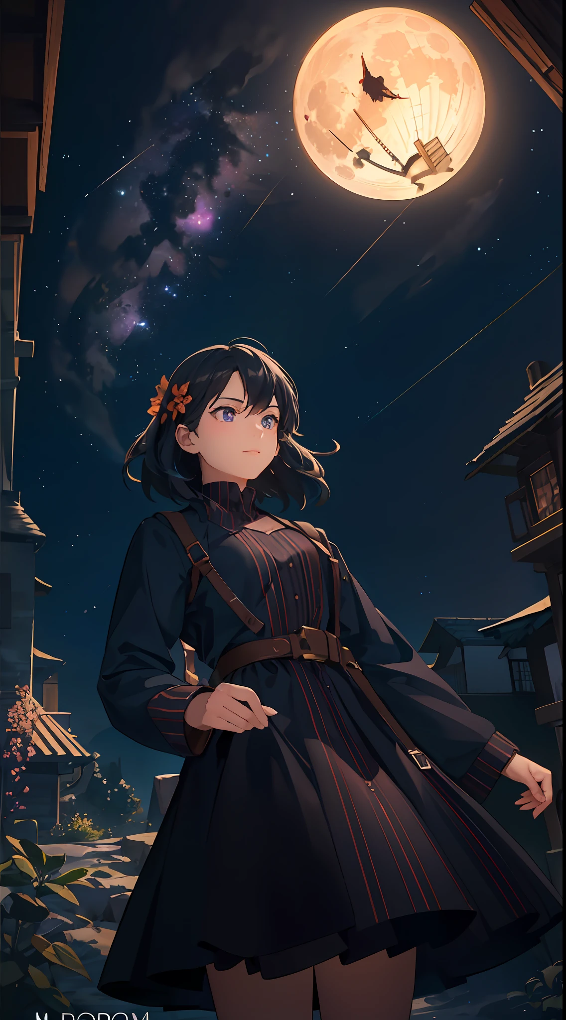 Vast landscape photos, (from below, the sky above, open fields below), a girl with black hair standing on a flower field looking up, (Full Moon: 1.2), (Meteor: 0.9), (Nebula: 1.3), Distant Mountains, Trees BREAK Making Art, (Warm Light Source: 1.2), (Firefly: 1.2), Lamps, Lots of Purple and Orange, Intricate Detailing, Volumetric Lighting, Realism BREAK (Masterpiece: 1.2), (Best Quality), 4K, Ultra-Detailed, (Dynamic Composition: 1.4), Very Detailed, Colorful Detail, (Iridescent Color: 1.2), (Glow Illumination, Atmospheric Lighting), Dreamy, Magical, (Solo: 1.2)