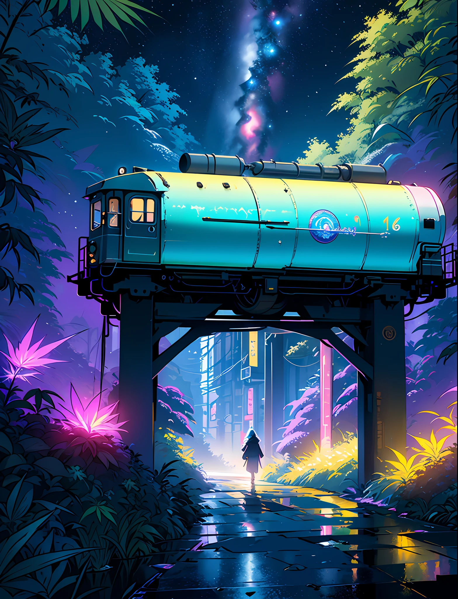 A steep chic train on a wet road. ,neon lights, neon galaxies, huge crystal moon, starry sky,,, in love Hemp, leaf, marijuana, cannabis, ((illustration)), colorful, wallpaper, energy, secret, magical environment, omniscience, prediction of the future, understanding the past, frost magic, --v 6