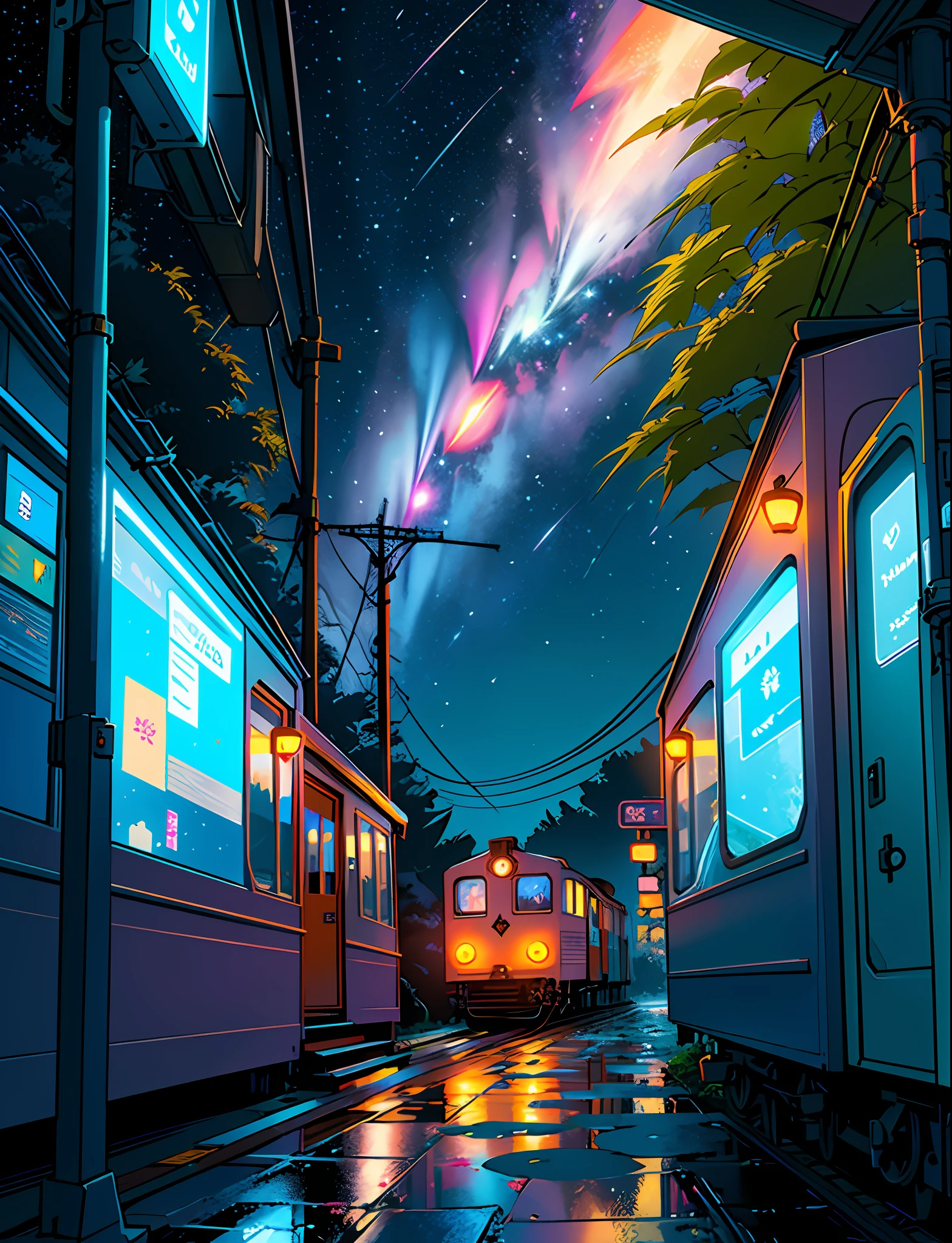 A steep chic train on a wet road. ,neon lights, neon galaxies, huge crystal moon, starry sky,,, in love Hemp, leaf, marijuana, cannabis, ((illustration)), colorful, wallpaper, energy, secret, magical environment, omniscience, prediction of the future, understanding the past, frost magic, --v 6
