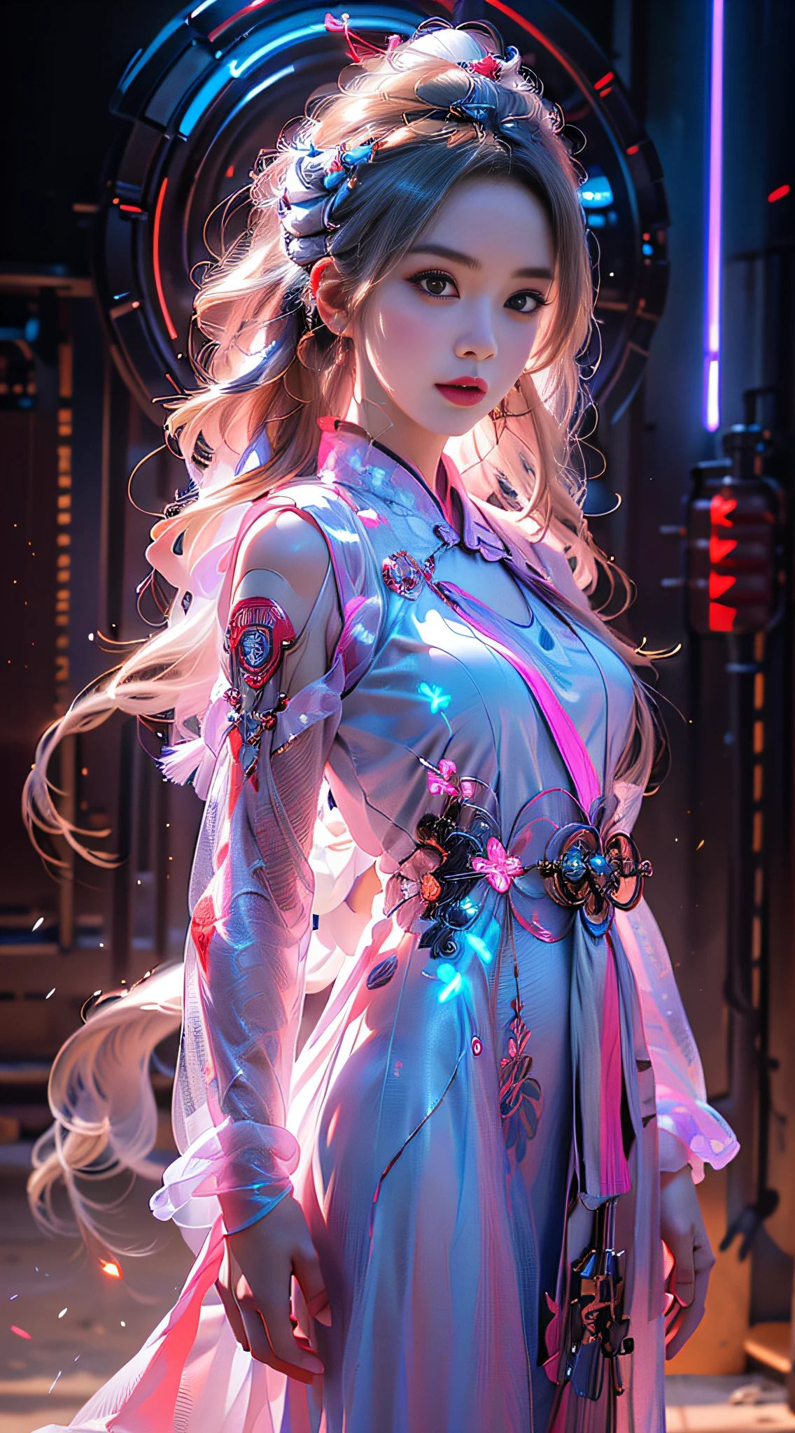 1 girl solo, perfect_hand, (8k, RAW photo, best quality, masterpiece:1.2), (realistic, photo-realistic:1.4), (extremely detailed CG unity 8k wallpaper),full body, (neon lights), machop, mechanical arms, hanfu, Chinese clothes, dress,