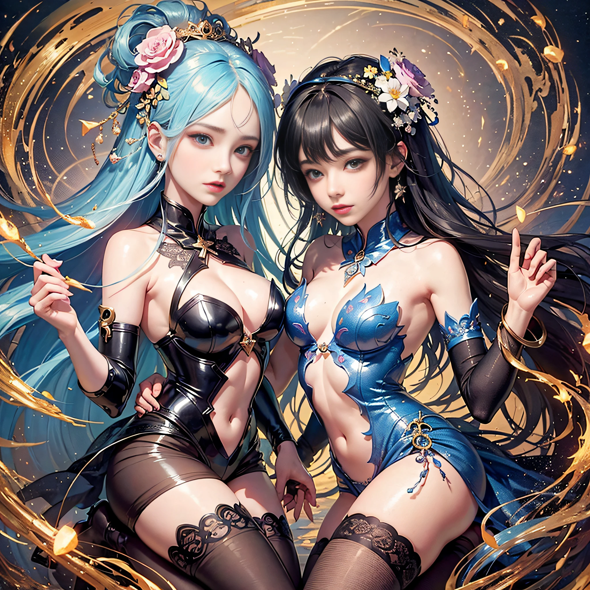 official art, Unity 8k wallpaper, super detailed, beautiful and beautiful, beautiful,Wang Zhaojun,Daji, masterpiece, best quality, (zen entanglement, mandala, tangled, tangled), dynamic angle, denim shot, most beautiful chaotic form, elegant, brutalist design, bright colors, romanticism, atmosphere, enjoy the music stream where you can imagine musical notes, ecstasy of flowers, visible streaming notes, flower_style, rainbow candy, style swirl magic, black stockings, beauty , couple, twins --auto --s2