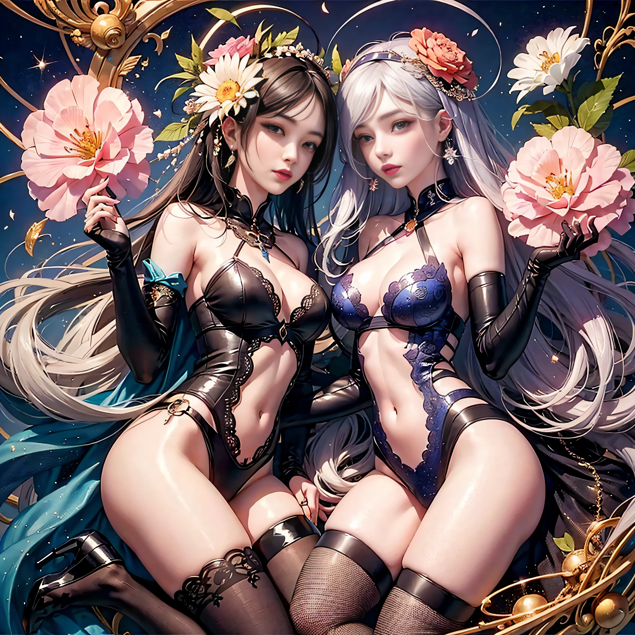 official art, Unity 8k wallpaper, super detailed, beautiful and beautiful, beautiful,Wang Zhaojun,Daji, masterpiece, best quality, (zen entanglement, mandala, tangled, tangled), dynamic angle, denim shot, most beautiful chaotic form, elegant, brutalist design, bright colors, romanticism, atmosphere, enjoy the music stream where you can imagine musical notes, ecstasy of flowers, visible streaming notes, flower_style, rainbow candy, style swirl magic, black stockings, beauty , couple, twins --auto --s2