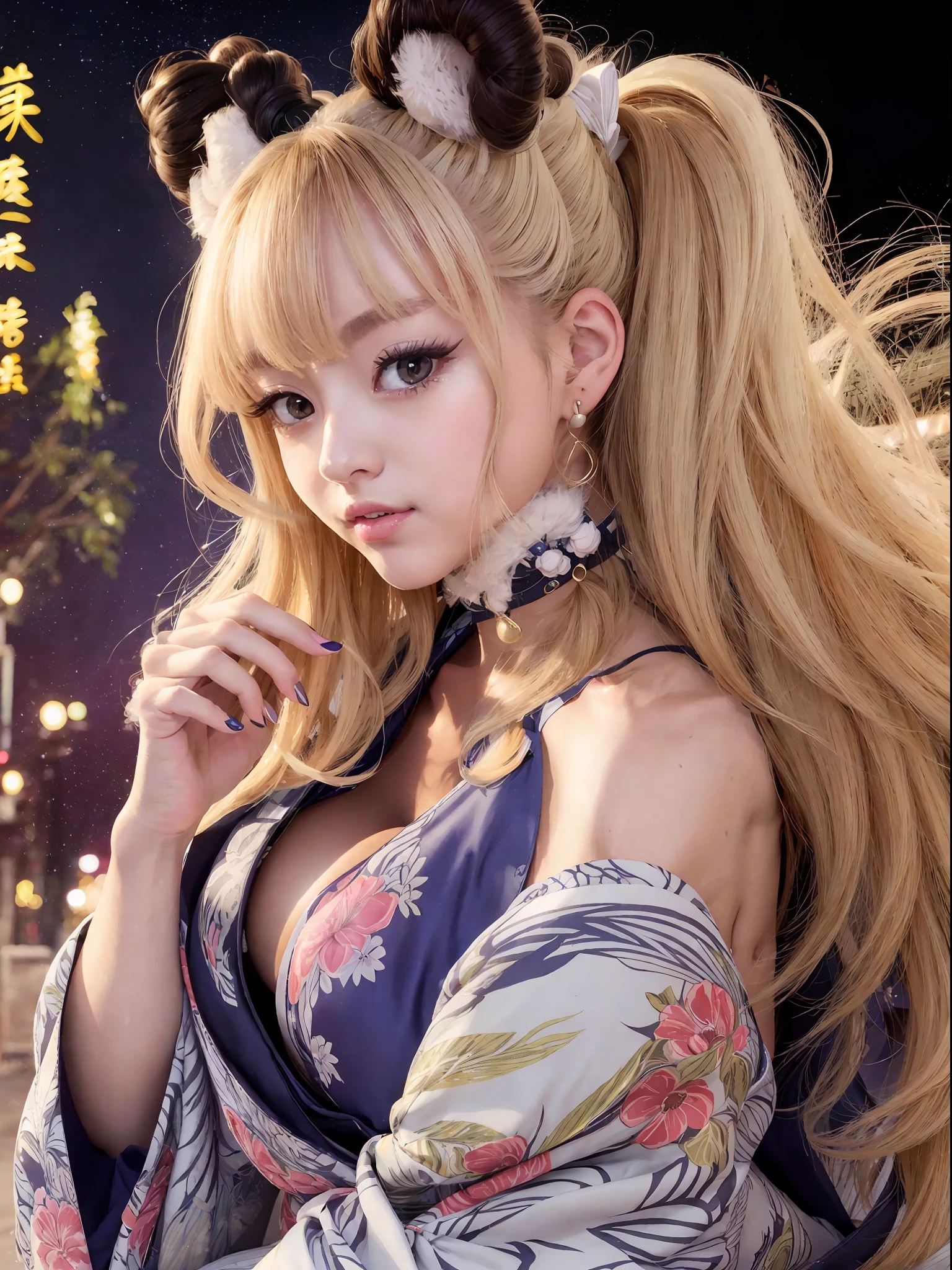 Masterpiece, high resolution, high image quality, (Ariana Grande: 1.9), American singer, actress, ((dark blonde hair], high ponytail without bangs, beautifully detailed choker, cat ears, kimono, human collar, ((((Chest is fluffy: 1.5))))++, beautiful detailed eyes, (colorful kimono), (bewitching figure))++, (花魁)++, glossy face, Elegant, showing one shoulder, Taisho era landscape, (((Yukaku)))), deep composition, wonderful illumination, light effect, night sky, absurdity, 8K, wonderfully absurd, beautifully detailed background, beautiful standing figure