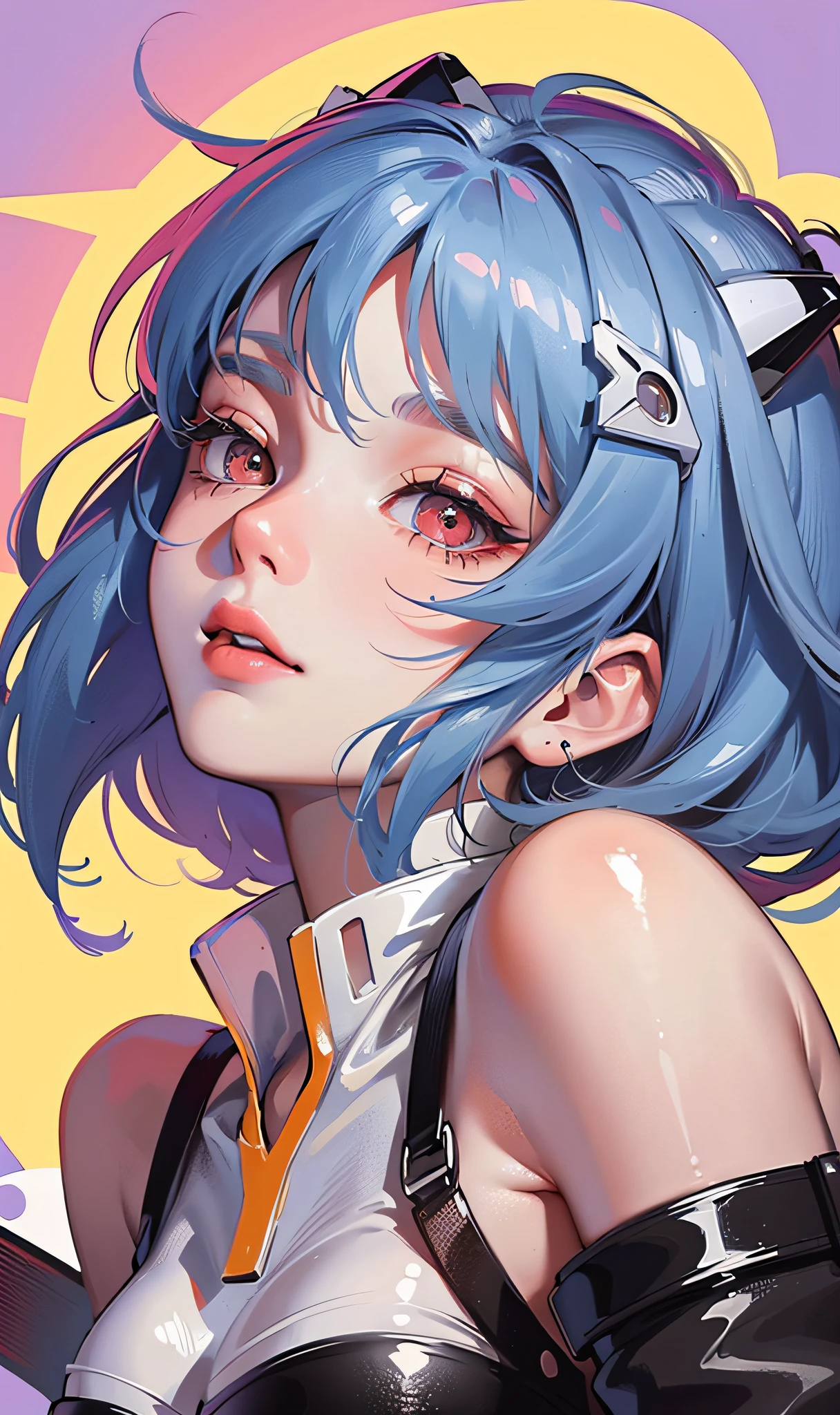 ((masterpiece, best quality, high resolution, extreme quality, solo, very detailed wallpaper, (18 year old girl: 1.4), Rei Ayanami (Evangelion), red eyes, detailed eyes, beautiful eyes, eye reflex, shyness, big nose, lipstick, {portrait close-up}, facial features, no background, posing, {look down|look up|look to the side})),