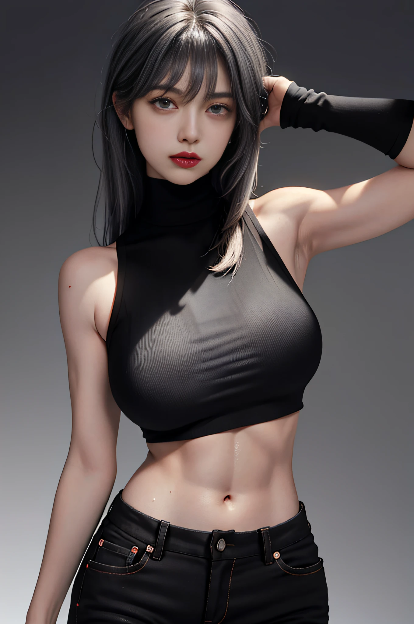 Girls, Bangs, Bare Shoulders, Black Pants, Breasts, Breasts squeezed together, Grey background, Hair between the eyes, Huge breasts, Long hair, View Viewer, Pants, Parted lips, Red eyes, Shirt, Simple background, Sleeveless, Sleeveless shirt, Solo, Turtleneck, V arm, White hair,(Shiny skin),(Masterpiece:1.4),(Best quality:1.4),,Facigirl,Red lips,Perfect abs, belly button, (nipple: 1.5), (sheer areola), nipple, huge, sweat,