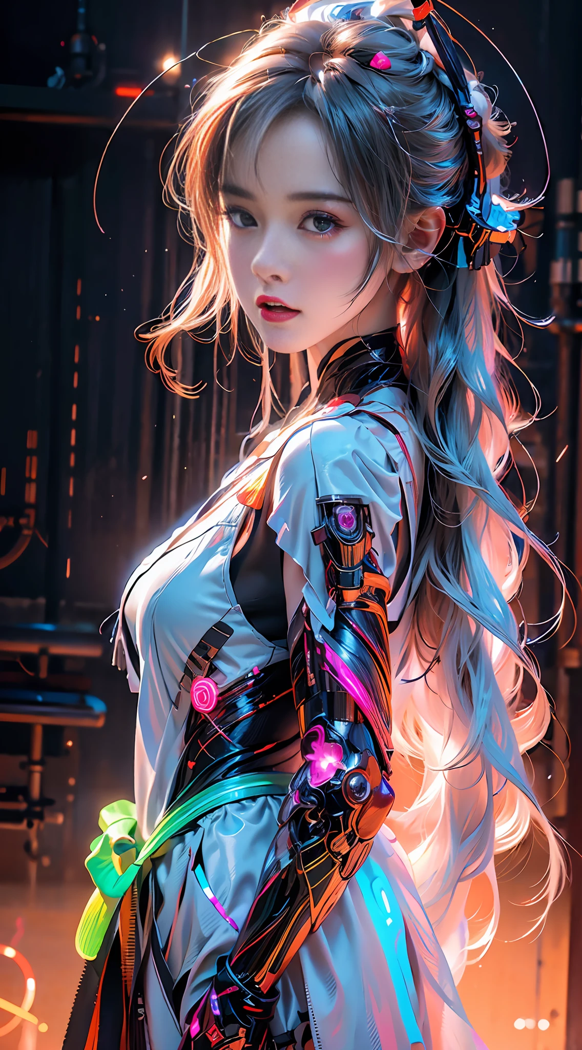 1 girl solo, perfect_hand, (8k, RAW photo, best quality, masterpiece:1.2), (realistic, photo-realistic:1.4), (extremely detailed CG unity 8k wallpaper), ,full body, (neon lights:1.2), machop, mechanical arms, hanfu,