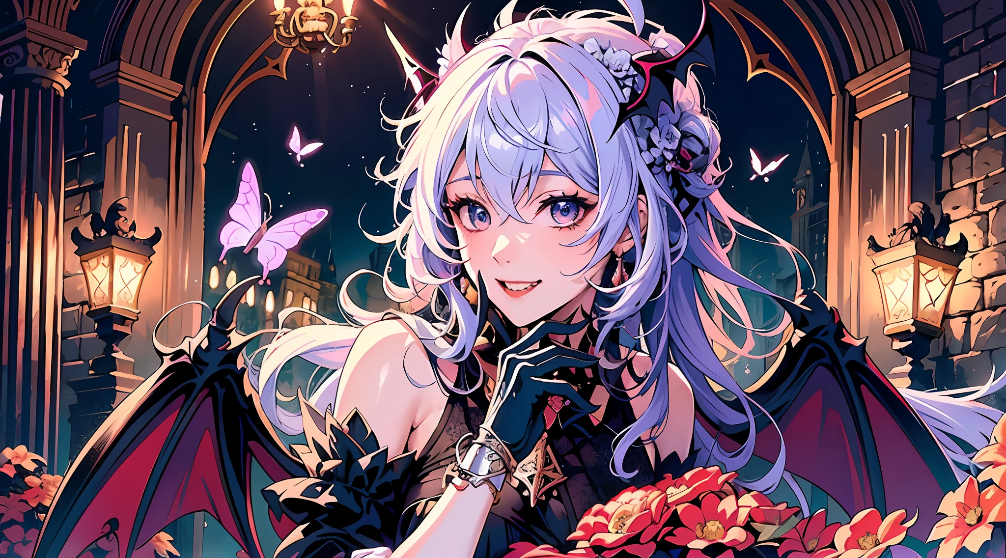 One girl, smile, evil smile, solo, viewer's gaze, butterfly hair ornament, two fangs growing from the mouth, sharp fangs, bat wings, blue eyes, upper body, sleeveless, sitting, red claws, (masterpiece, top quality, highest quality, official art, beautiful and aesthetic: 1.2), lilac hair, portrait of a European woman's face, person looking at the viewer, detail, complex details, 4K, ultra high definition, solo focus, pale skin, baroque, gothic lolita, lace, elegant, smooth, smooth anime CG art, movie lighting, vampire, sexy pose, seduction