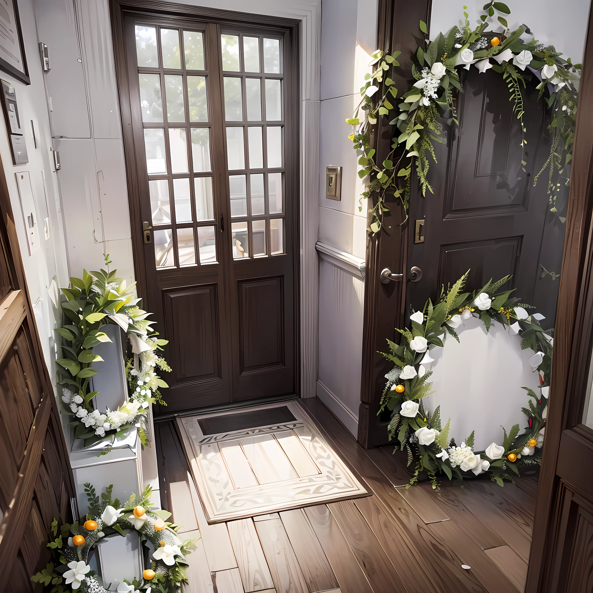At the door of the dormitory, there is a handsome boy, short black hair, black eyes, white T-shirt and short sleeves, five or six white wreaths on the ground, a lot of wreaths placed at the door, white wreaths, white wreaths everywhere, super detailed, 4k, super detailed