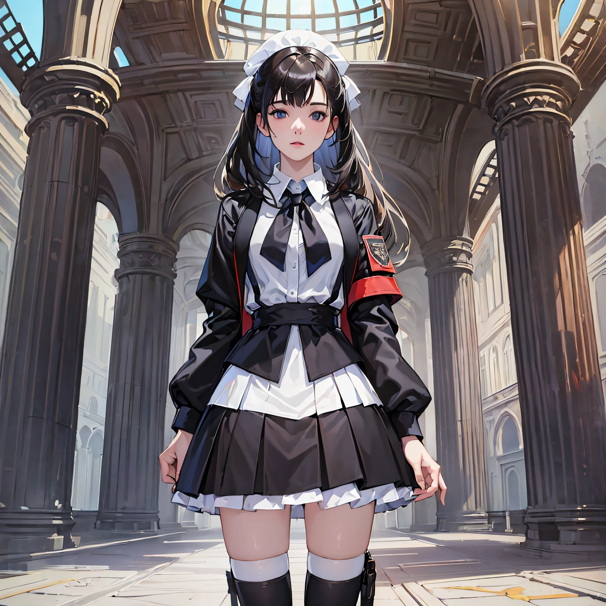 ((masterpiece, best_quality)), 1girl, (photorealistic:1.4), solo, white_background, black_hair, long_hair, zettai_ryouiki, skirt, ((full_body)), --auto --s2
