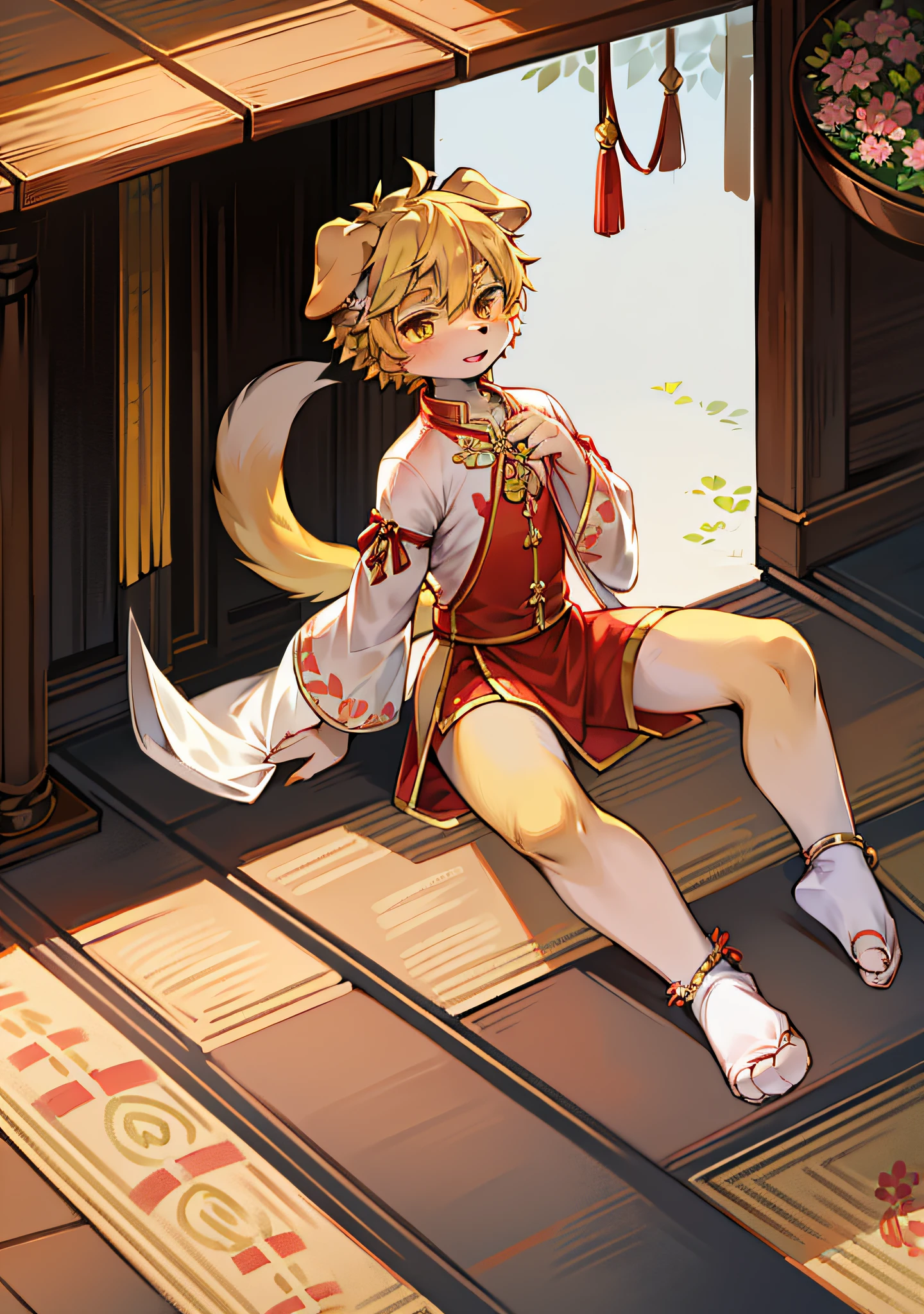 furry , dog boy, dog boy, dog boy, dog boy, little man, (dog tail), little feet (wearing socks), floral anklet, yellow hair, light blonde eyes, , national style clothes (red), aoeu, aoeu, aoeu, long cheongsam (outer garment), hanfu (outer garment), white clothes (inner shirt), boys, aristocratic clothes (red), cute, zhengtai, on the road