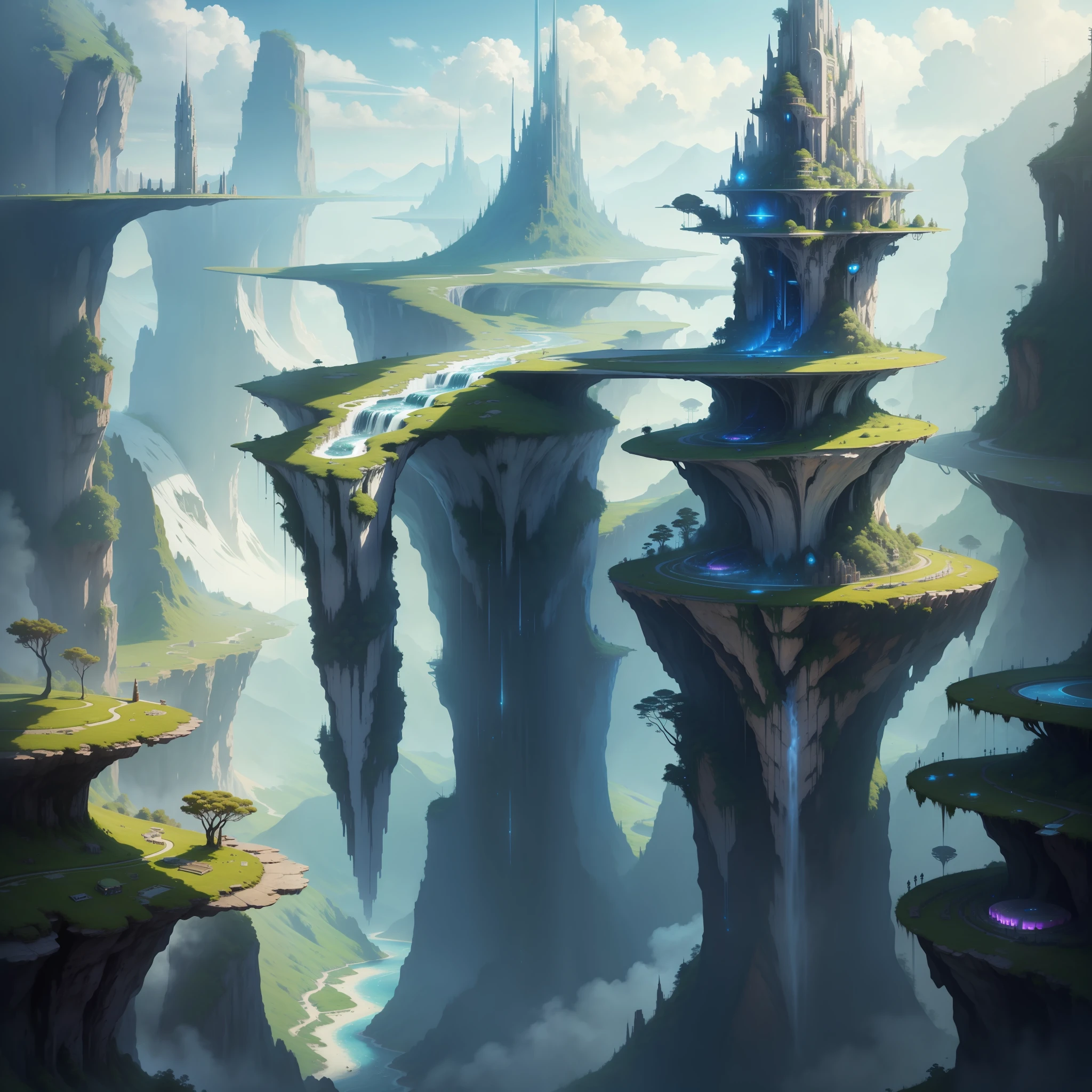 aerial city floating fantasy sci-fi nature waterfall top quality futuristic masterpiece