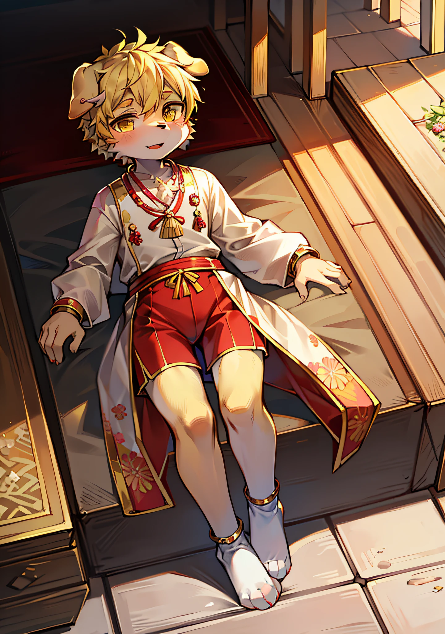 furry , dog boy, dog boy, dog boy, dog boy, little man, (dog tail), little feet (wearing socks), floral anklet, yellow hair, light blonde eyes, , national style clothes (red), aoeu, aoeu, aoeu, long cheongsam (outer garment), hanfu (outer garment), white clothes (inner shirt), boys, aristocratic clothes (red), cute, zhengtai, on the road