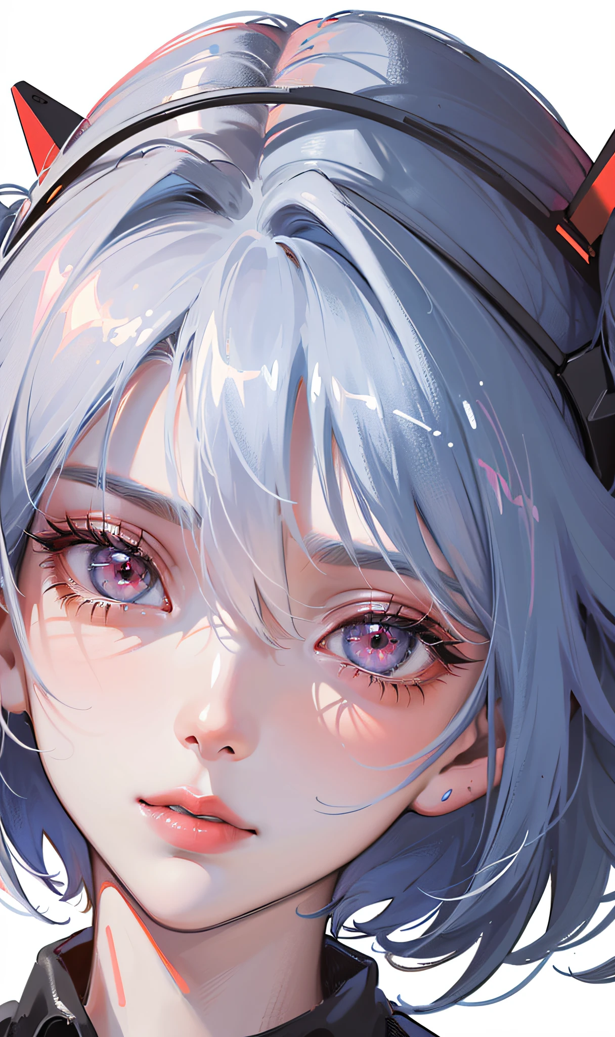 ((masterpiece, best quality, high resolution, extreme quality, solo, very detailed wallpaper, (18 year old girl: 1.4), Rei Ayanami (Evangelion), red eyes, detailed eyes, beautiful eyes, eye reflex, shyness, big nose, lipstick, {portrait close-up}, skin pale, extremely hydrated and smooth, skin reflected light, facial features, no background, posing, {top-down|up|Look to the side})),