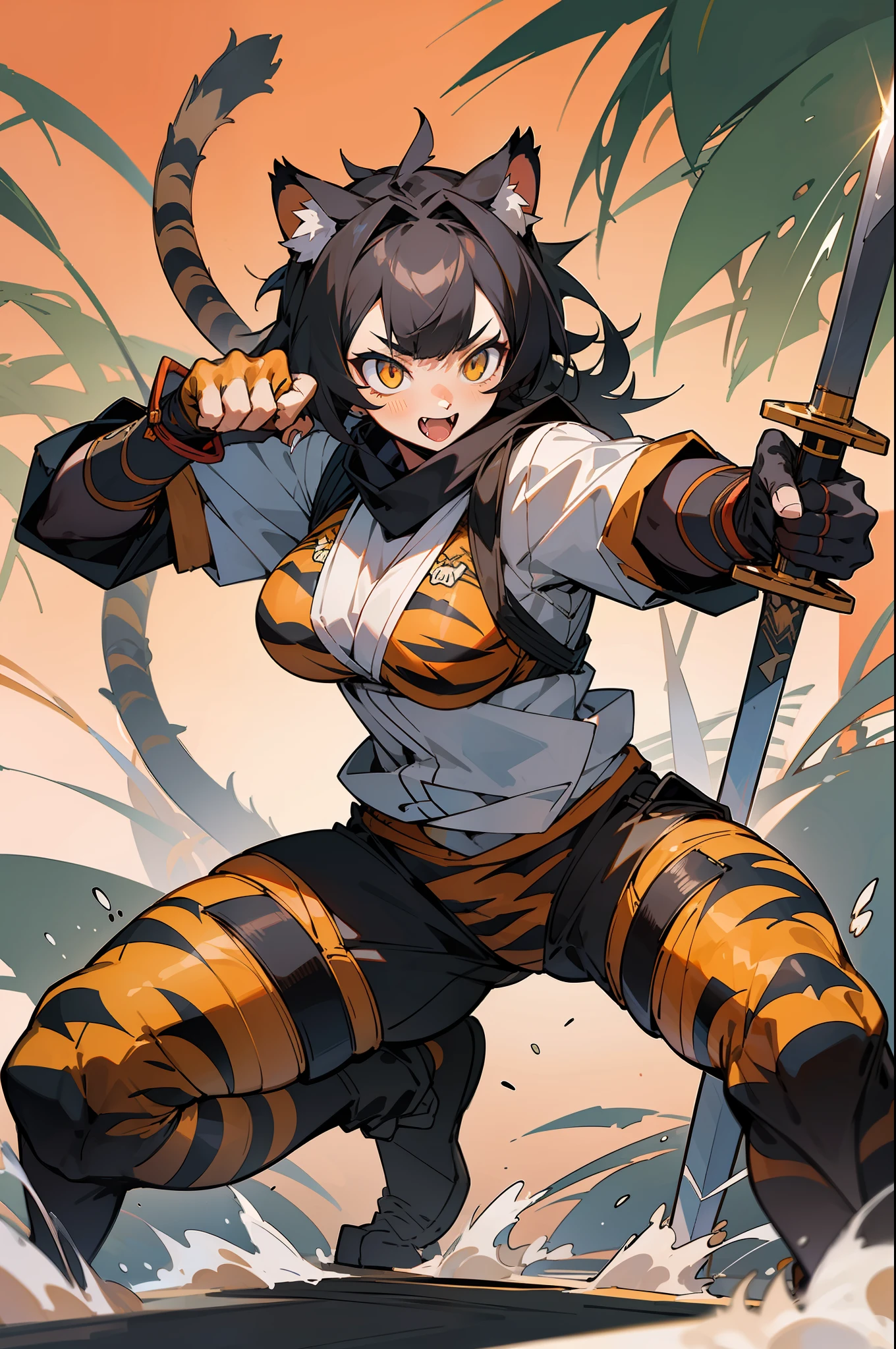 master-piece,hyper quality,hyper detailed,perfect drawing,1 beautiful girl, tiger print bikini, tiger ears, tiger tail, tiger palm, tiger paws, tiger fingers, sharp claws, sharp fangs, hunter's eyes aiming at prey, black hair and blonde mesh, sharp eyes, height 177cm(three sizes B95W60H90)((extra huge oversize sword in hands, )), open stance, action pose, Brave Perth, Sunrise stance.