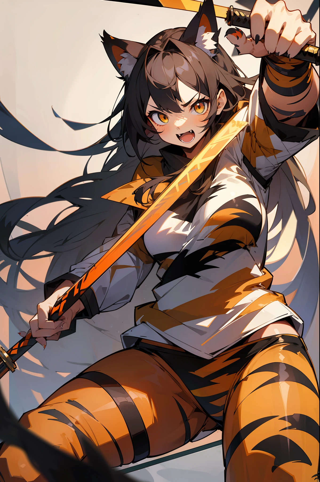 master-piece,hyper quality,hyper detailed,perfect drawing,1 beautiful girl, tiger print bikini, tiger ears, tiger tail, tiger palm, tiger paws, tiger fingers, sharp claws, sharp fangs, hunter's eyes aiming at prey, black hair and blonde mesh, sharp eyes, height 177cm(three sizes B95W60H90)((extra huge oversize sword in hands, )), open stance, action pose, Brave Perth, Sunrise stance.