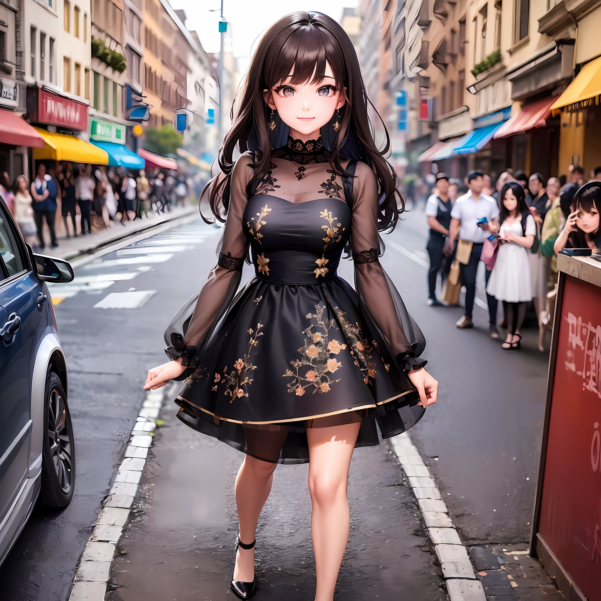 ((Best quality, 8k, Masterpiece :1.3)), 1girl, smiling, full body, slim face, Pretty woman, (Dark brown hair), full length dress :1.1, Ultra-detailed face, Detailed eyes, Double eyelid, blur background, slim face, city, outside, street, --auto --s2