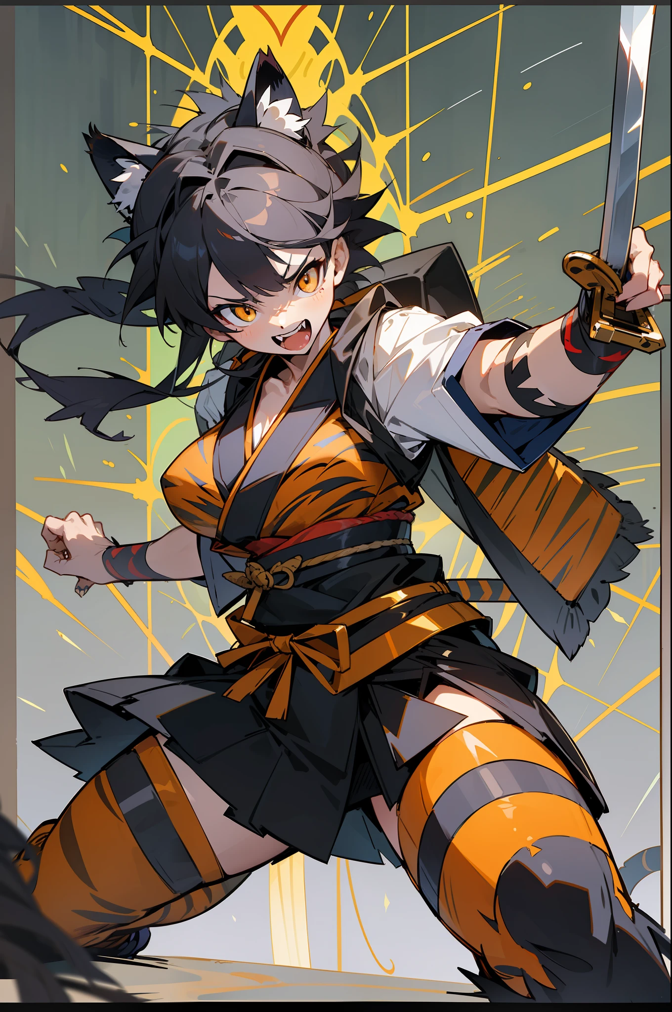 master-piece,hyper quality,hyper detailed,perfect drawing,1 beautiful girl, tiger print bikini, tiger ears, tiger tail, tiger palm, tiger paws, tiger fingers, sharp claws, sharp fangs, hunter's eyes aiming at prey, black hair and blonde mesh, sharp eyes, height 177cm(three sizes B95W60H90)((extra huge oversize cool samurai_sword in hands, )), open stance, action pose, Brave Perth, Sunrise stance.