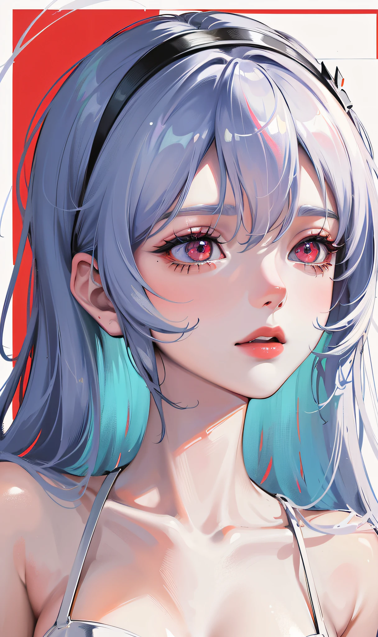 ((masterpiece, best quality, high resolution, extreme quality, solo, very detailed wallpaper, (18 year old girl: 1.4), Rei Ayanami, red eyes, detailed eyes, beautiful eyes, eye reflex, shyness, big nose, lipstick, {portrait closeup}, pale skin, extremely moist and smooth, skin reflected light, three-dimensional facial features, no background, pose, {look down|look up|look to the side})),