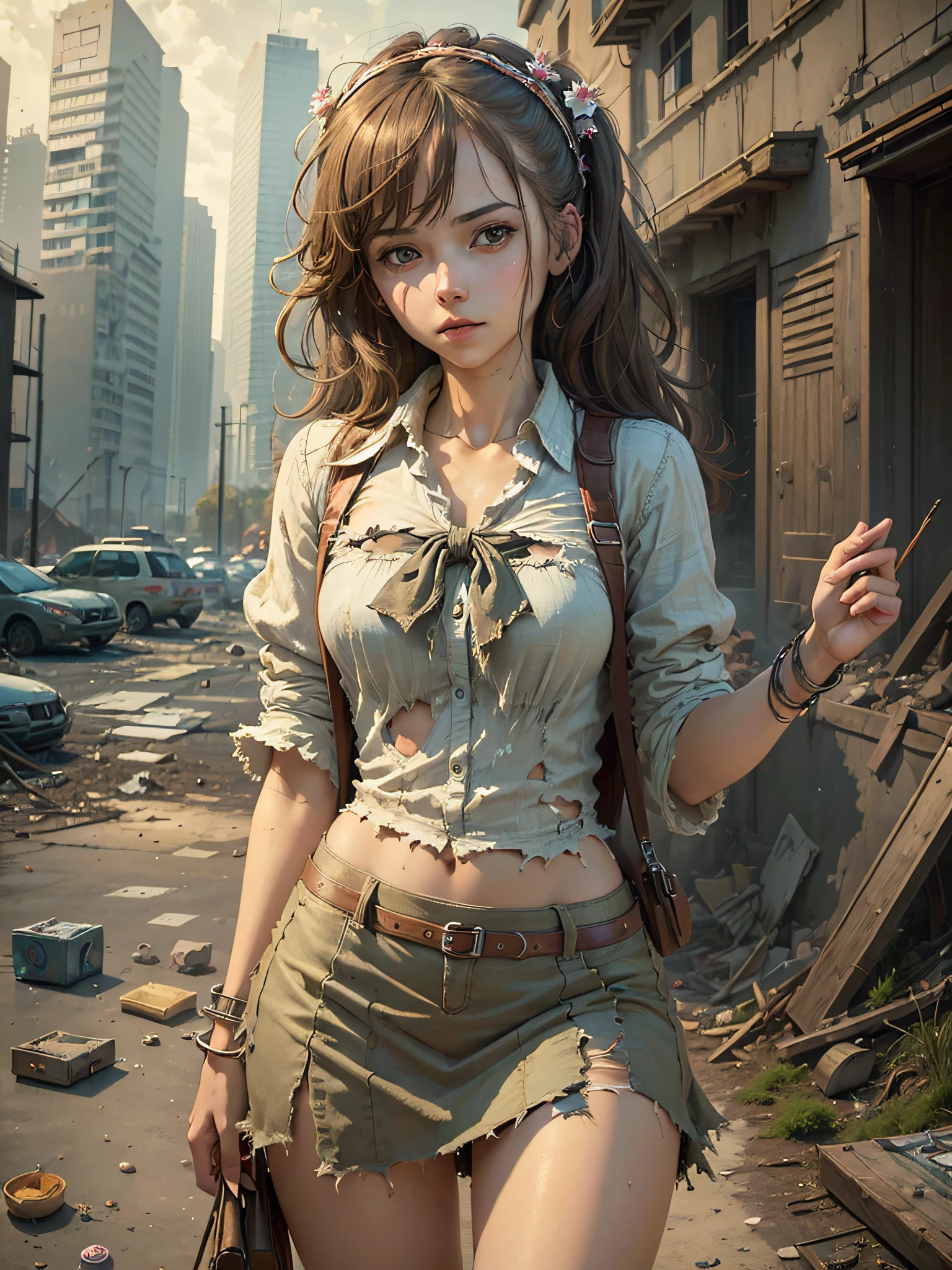 (best quality:1.33), (masterpiece:1.42), (realistic:1.24), (detailed:1.15), 1girl, torn outfit, short skirt, on a ruined world