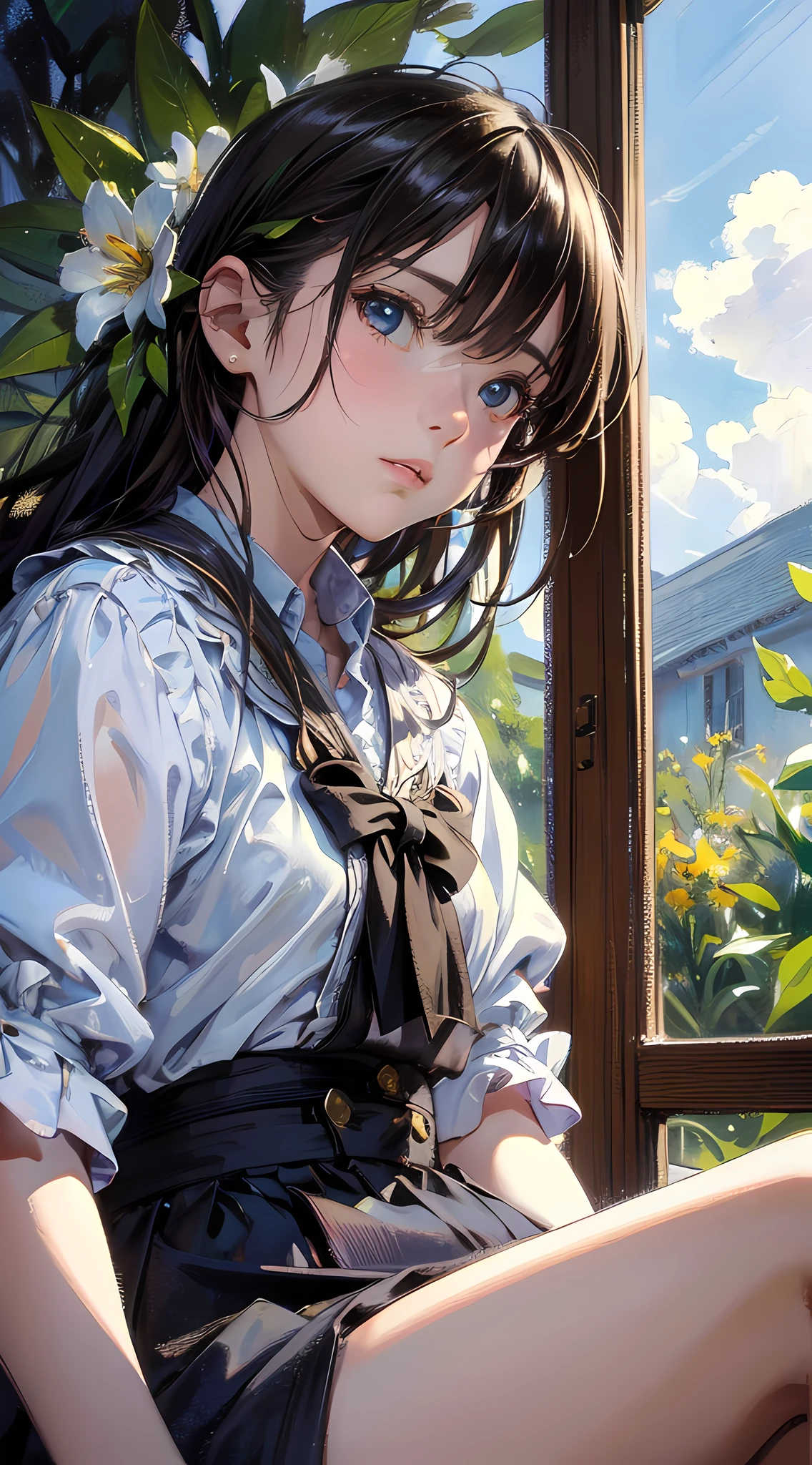 girl, (sky:1.6), sitting, side shot, flowers, (masterpiece, best quality, perspective, depth of field:1.5), beautiful face, thighs, from below, 8k, raw photo, absurdres, woods, impressionism, Tom Thomson, Claude Monet, Joaquín Sorolla, James Wilson Morrice, John Fabian Carlson, Hugh Henry Breckenridge, HDR, photorealistic, film grain, chromatic aberration, highres, ultra detailed, finely detail, dynamic lighting, dramatic lighting, shadow, sharp focus, extremely detailed eyes and face, sharp pupils, realistic pupils