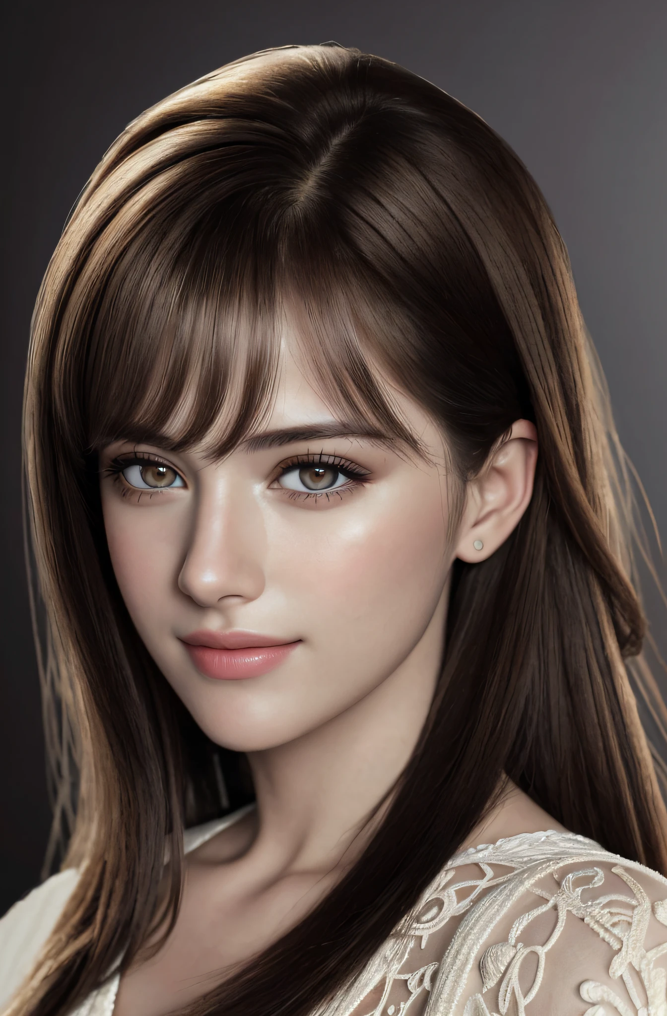 Top Quality, Masterpiece, Ultra High Resolution, Portrait, (Photorealistic: 1.4), Raw Photo, (25-year-old woman, smile)), Side sweep bangs, wearing blouse, detailed face texture, (Realistic, Photorealistic: 1.37), (8k, RAW photo, highest quality, Masterpiece: 1.2), cute, ultra-detailed, heart-shaped pupils, physically based rendering, ultra high resolution, Kodak Vision Color, shot with Arricam LT camera,