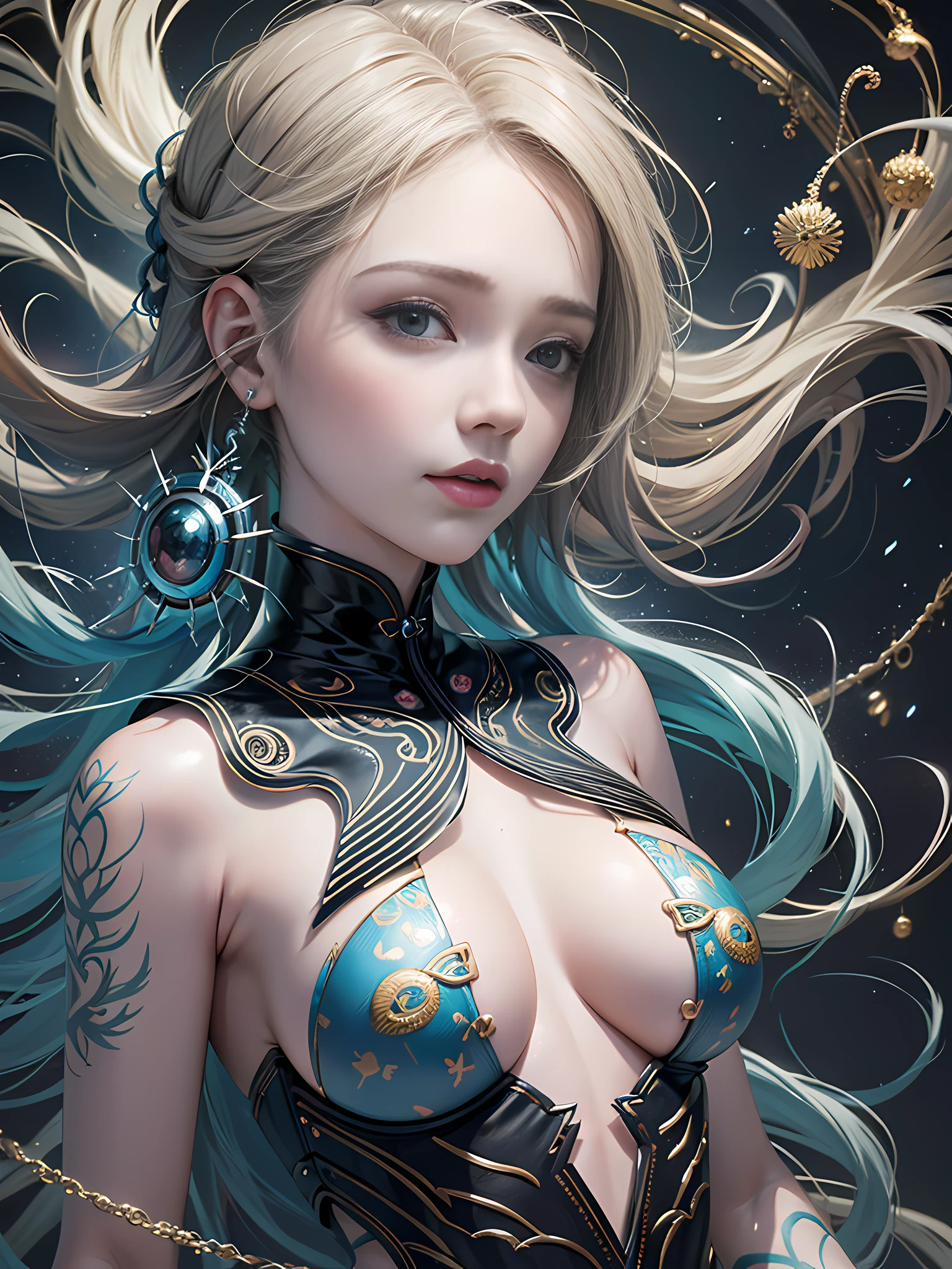 Official Art, Unity 8k Wallpapers, Ultra Detailed, Beautiful and Aesthetic, Masterpiece, Best Quality, (Zentangle, Mandala, Tangled, Entangle), (Fractal Art: 1.3), 1girl, Very Detailed, Dynamic Angle, Cowboyshot, Most Beautiful Forms Chaotic, Elegant, Fauvist Design, Bright Colors, Romanticism, James Jean, Robbie Devi Antono, Ross Tran, Francis Bacon, Michal Mlaz, Adrian Ganey, Petra Kotwright, Gerhard Richter, Takashi Yamamoto, Ashley Wood, atmospheric, ecstatic notes, flow notes visible, (black silk), (whole body),