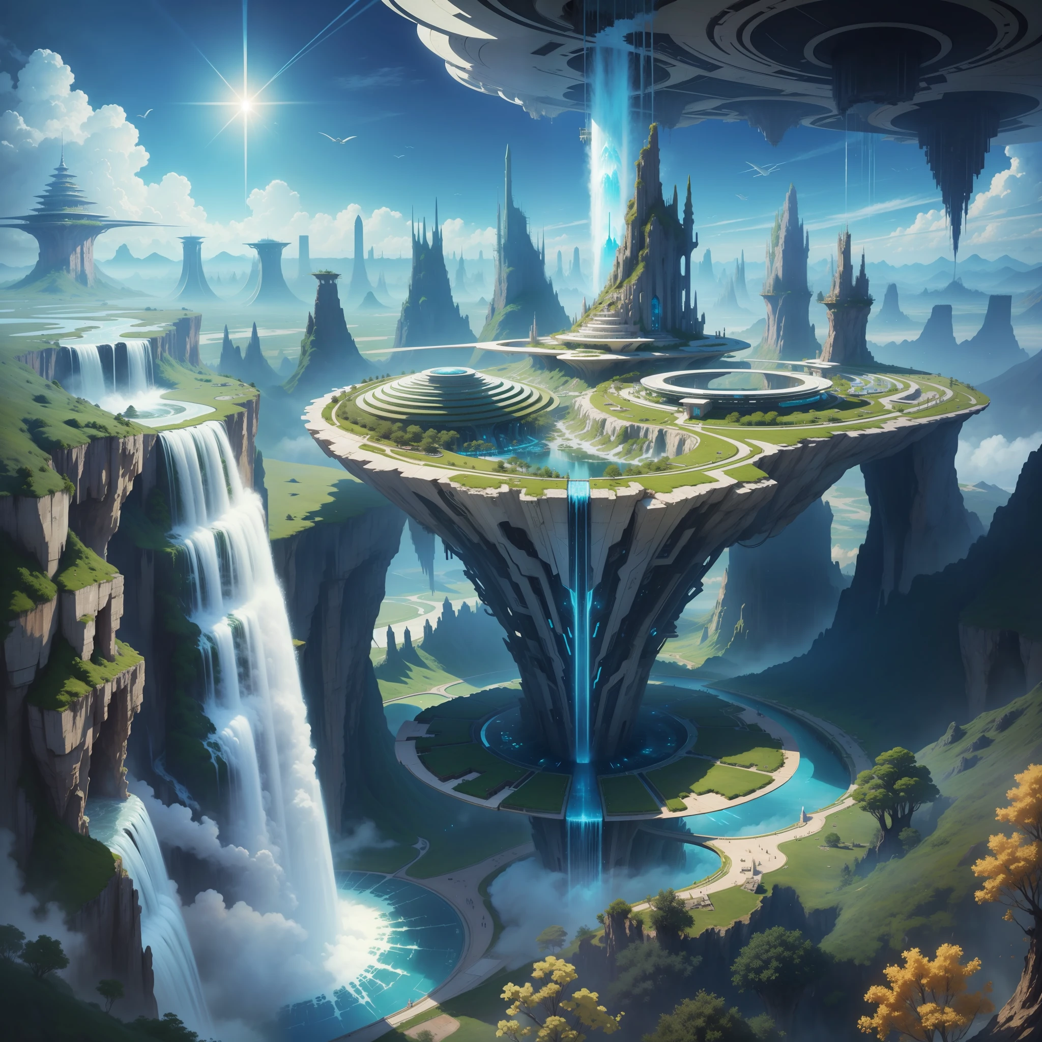 aerial city floating in the sky fantasy sci-fi nature waterfall top quality futuristic masterpiece architecture nature