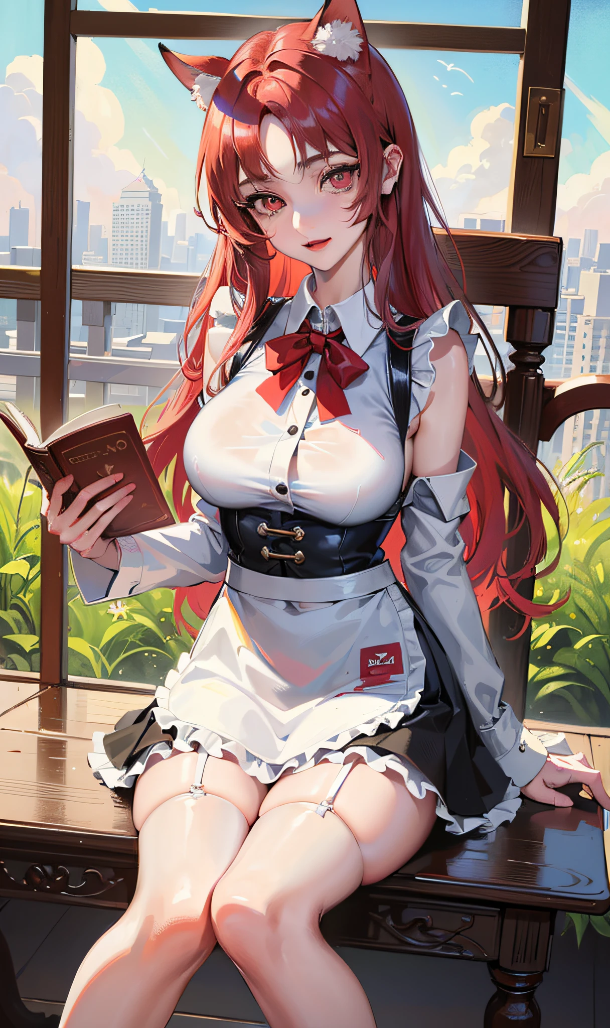 ((masterpiece, best quality, high resolution, supreme, solo, very detailed wallpaper, (18 years old girl: 1.4), Rei Ayanami, red eyes, detailed eyes, pretty eyes, eye reflex, shyness, big nose, lipstick, pallor skin, extremely moist smooth, skin reflected light, facial features, no background, posing,)), pixel_art, big breast, skirt lift,chair,book,full_moon,gorgeous,an extremely delicate and beautiful,fine_art_parody,long bangs,red hair,apron,leg_garter,sunglasses,,no_humans,excited,cat_ears,fly,hand_ to_mouth,legs_up,Bare navel,mountain