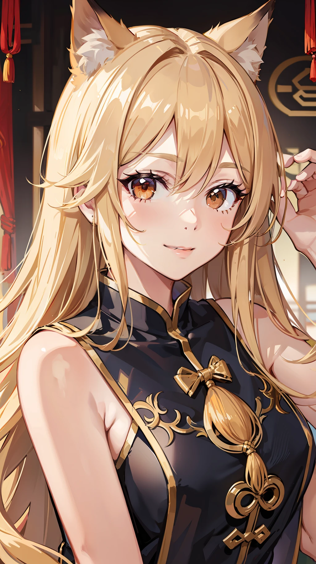 Adult girl, long lush blonde hair, brown eyes, wolf ears, Chinese clothes, sleeveless, cheerful look, smile, masterpiece, high quality