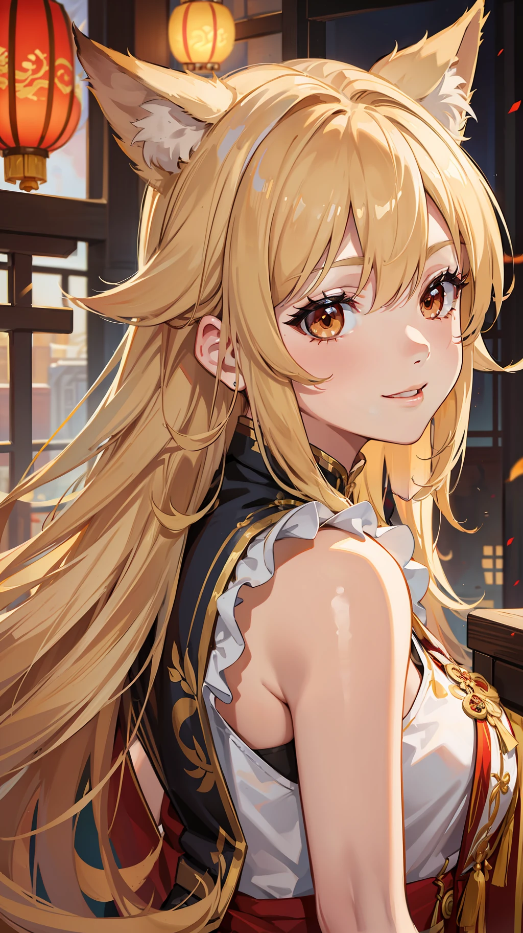 Adult girl, long lush blonde hair, brown eyes, wolf ears, Chinese clothes, sleeveless, cheerful look, smile, masterpiece, high quality