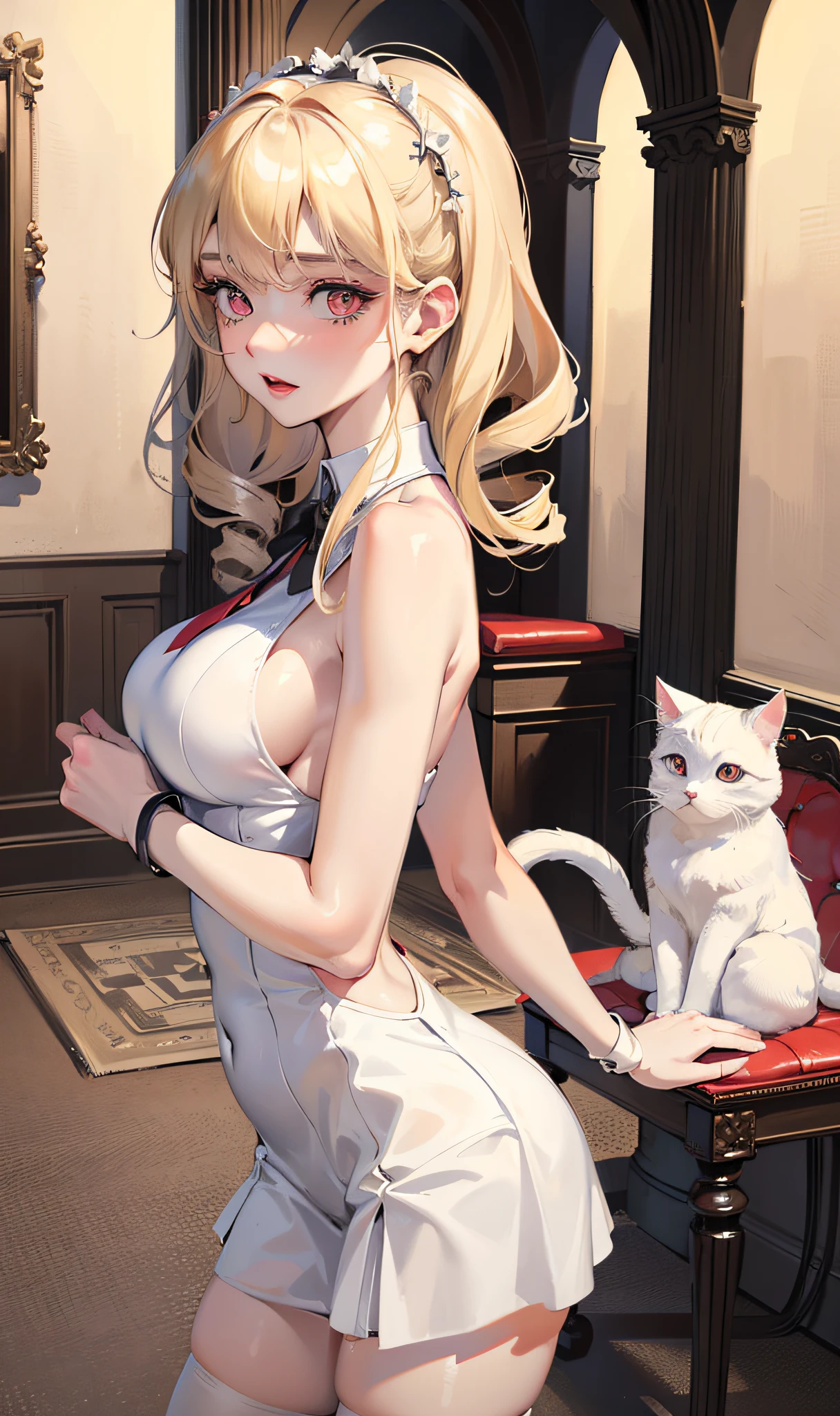 ((masterpiece, best quality, high resolution, extreme quality, solo, very detailed wallpaper, (18 year old girl: 1.4), Rei Ayanami, red eyes, detailed eyes, beautiful eyes, eye reflex, shyness, big nose, lipstick, , pale skin, extremely moist and smooth, skin reflected light, three-dimensional facial features, no background, posing,)), on a hill, pixel_art, very_close_ to_viewers,back,drill hair,blonde hair ,evening dress,stockings,tennis racket,medium breast,bishoujo,witch,blush,white colored eyelashes,lie,cat_pose,fetal_position, back-to-back,Bare navel,chair,cat,night,gorgeous