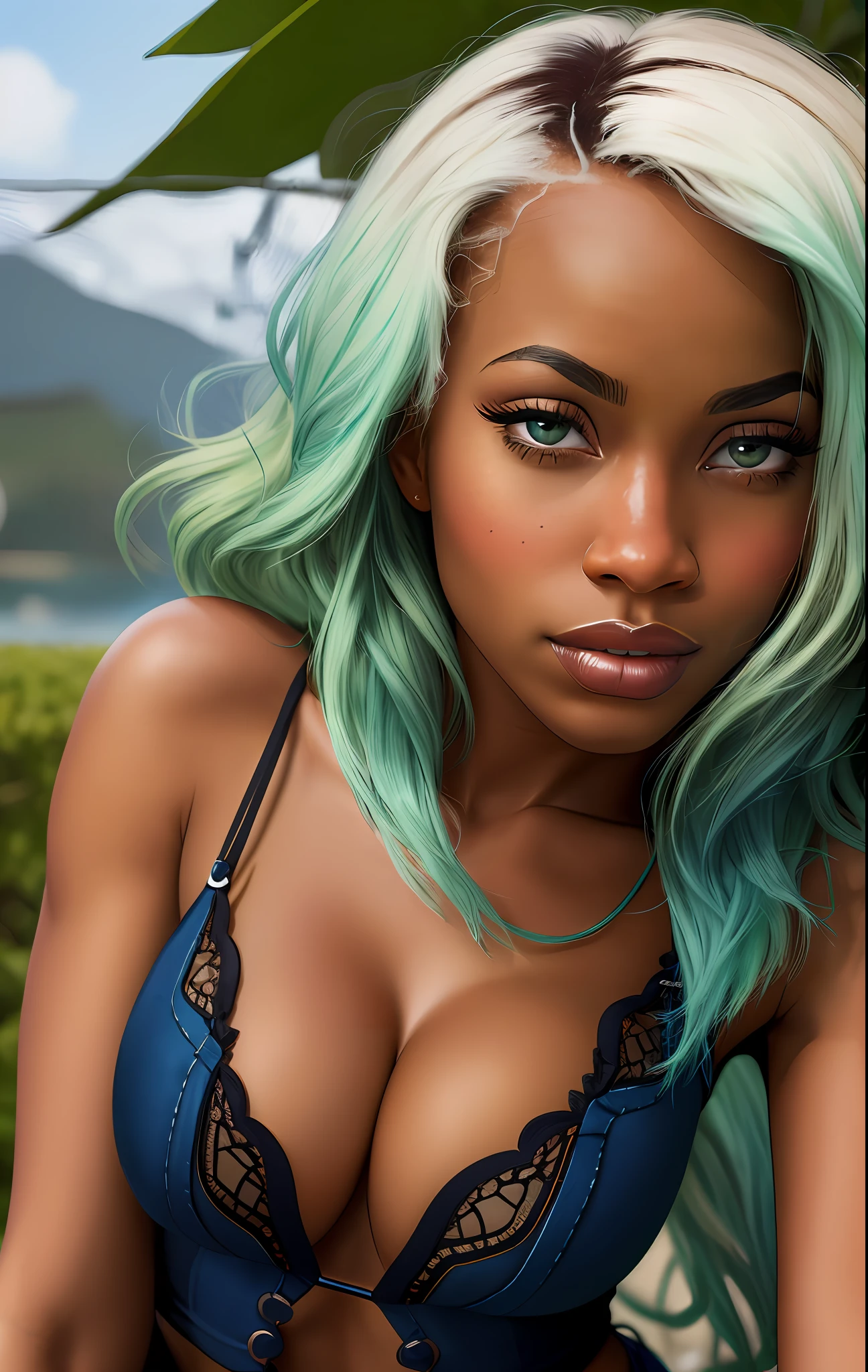 African American woman, solo, stripper, light green hair, dark blue eyes, detailed face, ([Julianne Hough|Megan Fox|Christina Hendricks]:0.8), (swollen lips:0.9), masterpiece, professional, high quality, beautiful, amazing, gothic, Getty Images, miko, giant, photo shoot, 4k, realistic, detailed background, abominable, real life, by Walter Beach Humphrey, by Pierre Bonnard, bottom-up camera angle