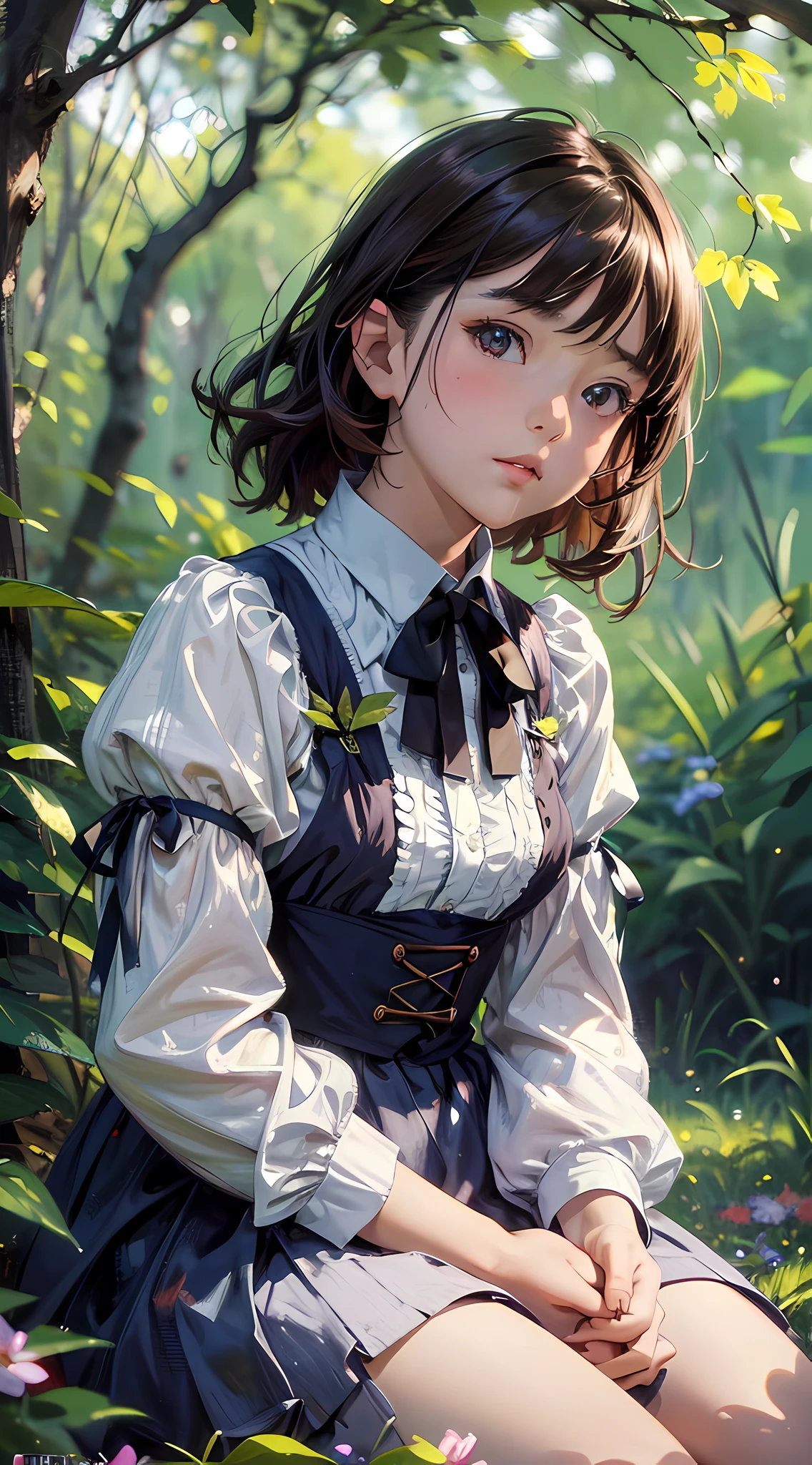 girl, (sky:1.6), sitting, side shot, flowers, (masterpiece, best quality, perspective, depth of field:1.5), beautiful face, thighs, from below, 8k, raw photo, absurdres, woods, impressionism, Tom Thomson, Claude Monet, Joaquín Sorolla, James Wilson Morrice, John Fabian Carlson, Hugh Henry Breckenridge, HDR, photorealistic, film grain, chromatic aberration, highres, ultra detailed, finely detail, dynamic lighting, dramatic lighting, shadow, sharp focus, extremely detailed eyes and face, sharp pupils, realistic pupils