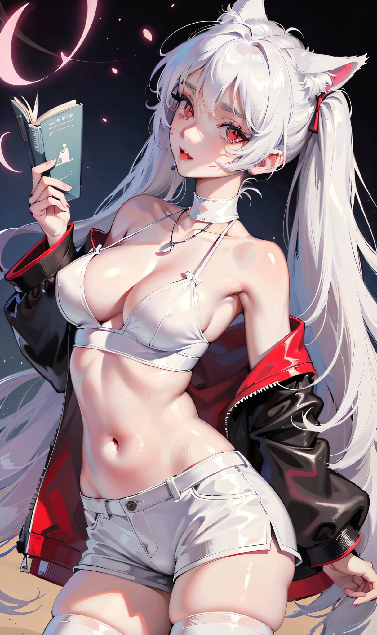 ((masterpiece, best quality, high resolution, excellent, solo, very detailed wallpaper, (18 years old girl: 1.4), Rei Ayanami, red eyes, detailed eyes, beautiful eyes, eye reflex, shyness, big nose, lipstick, skin moist and smooth, skin reflected light, facial features, no background, posing,)), huge_filesize, looking_at_viewers, simple_background,twintails,white hair,high - waist shorts,white_thighhighs,pendant,medium breast,shota,trap,nosebleed,cat_ears,jump,peace symbol ,on_stomach,mimikaki,Bare thigh,grove,book,day,on the beach,gorgeous