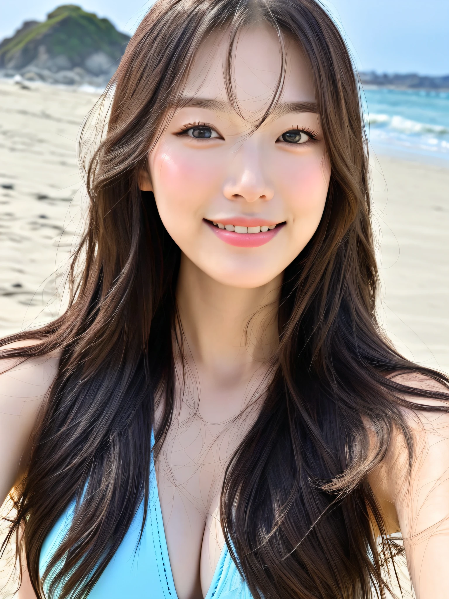 realistic photos of (1 cute Korean star) hair between eyes, light makeup, medium breasts size, slightly smile, bikini at the beach, taking selfie, clear facial features of Canon EOS, 8K high resolution, sharp and realistic details, blurry,