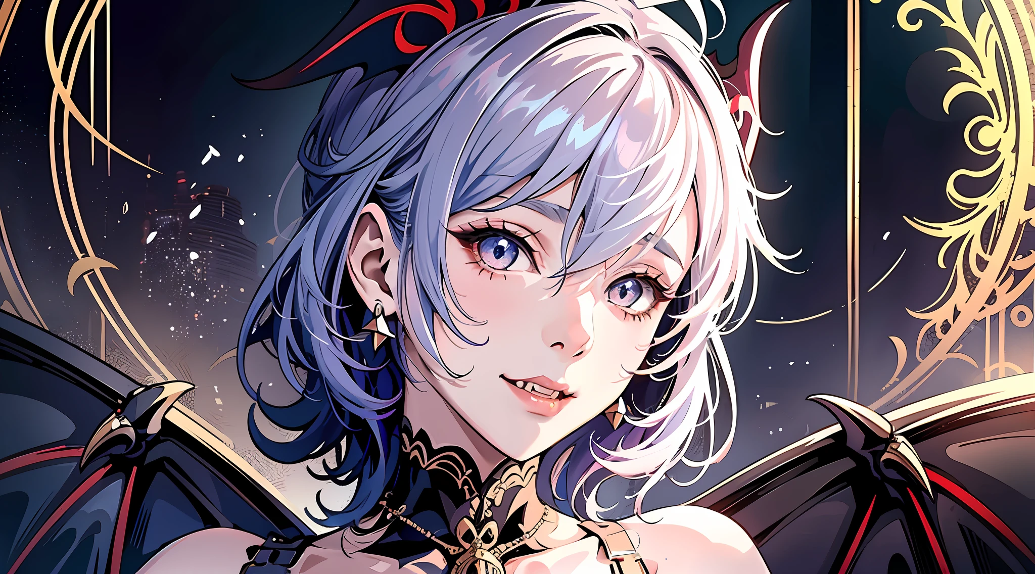 1 girl, smile, bad smile, solo, viewer's gaze, butterfly hair ornament, two long fangs growing from the mouth, sharp fangs, bat wings, blue eyes, upper body, sleeveless, sitting, red nails, (masterpiece, highest quality, highest quality, official art, beautiful and aesthetic: 1.2), lilac hair, portrait of a European woman's face, person looking at the viewer, detail, complex details, 4K, ultra high definition, solo focus, pale skin, baroque, gothic lolita, lace, elegant, smooth, smooth anime CG art, movie lighting, vampire, sexy pose, seduction