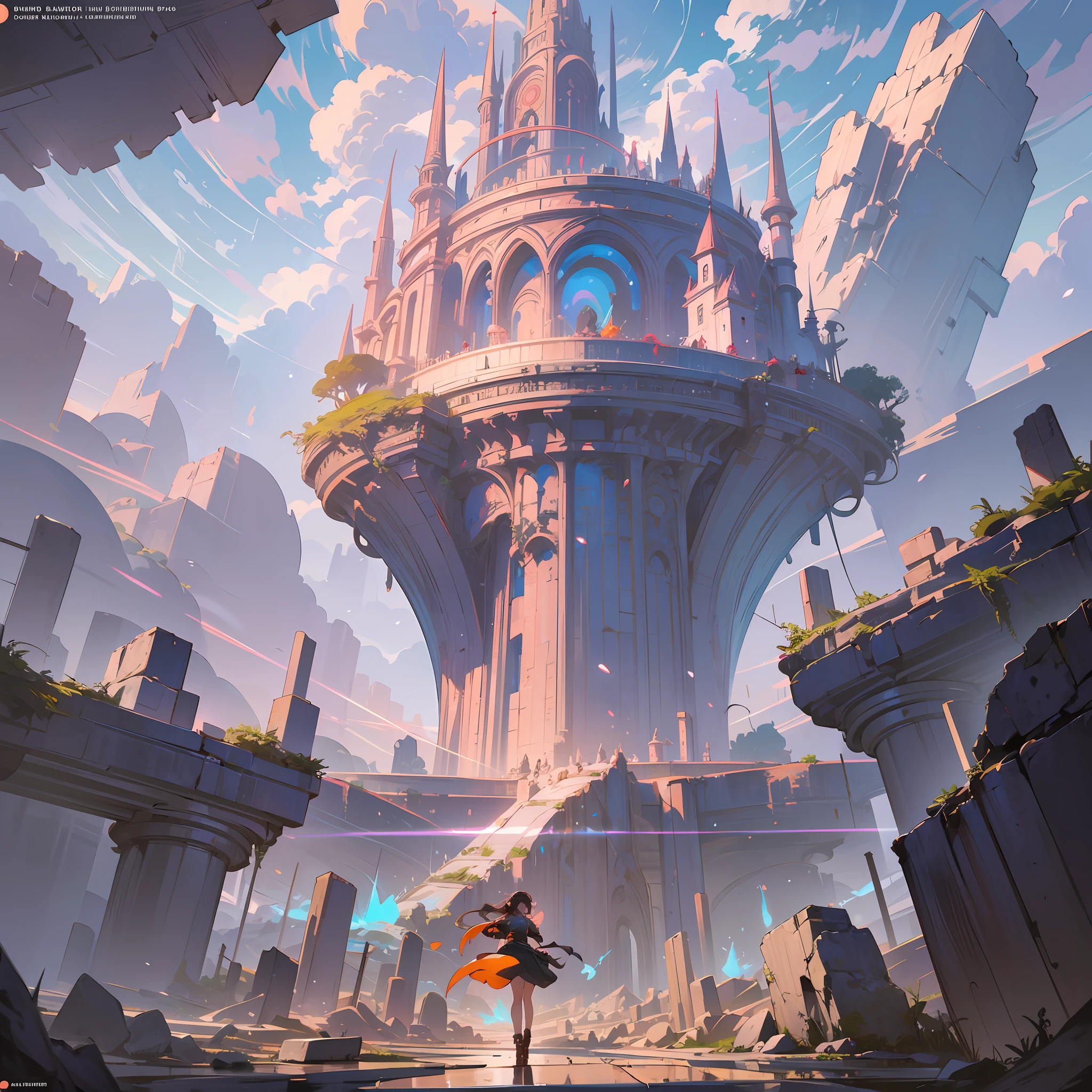 a woman standing on top of a pile of rocks, concept art, by sylvain sarrailh, conceptual art, in the middle of round ruins, standing astride a gate, endless loop, the anime girl is running, world seen only through a portal, keyframe illustration, guweiz masterpiece, portal opening, year 2 3 0 0, martin ansin