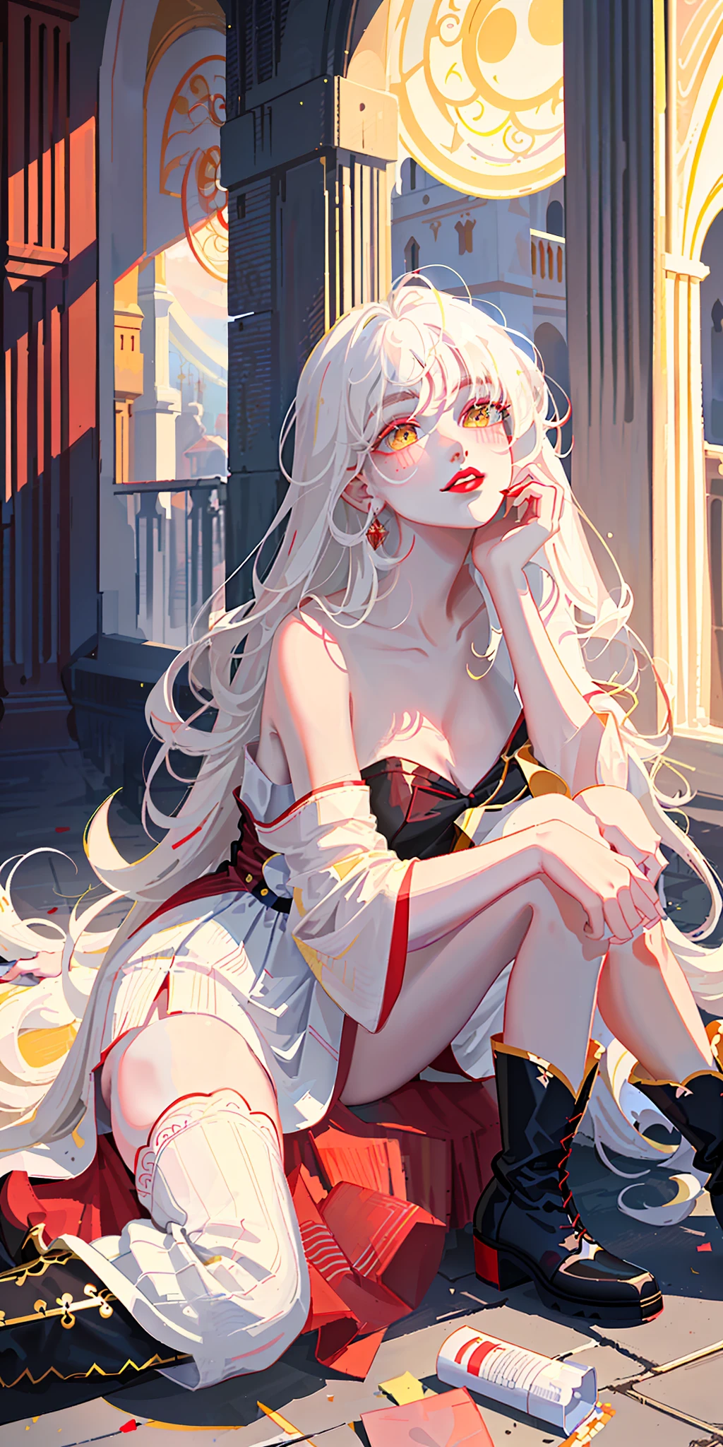 Highest quality, gods, masterpieces, melancholy girl, slightly drunk makeup, red lips, exquisite CG, HD, absolutely beautiful, dreamy, light and shadow, white messy long hair, very long hair, yellow eyes, low neck white dress, collarbone, sitting on the ground, drunk, blush, laughter, red lips, curved legs, black high-top boots