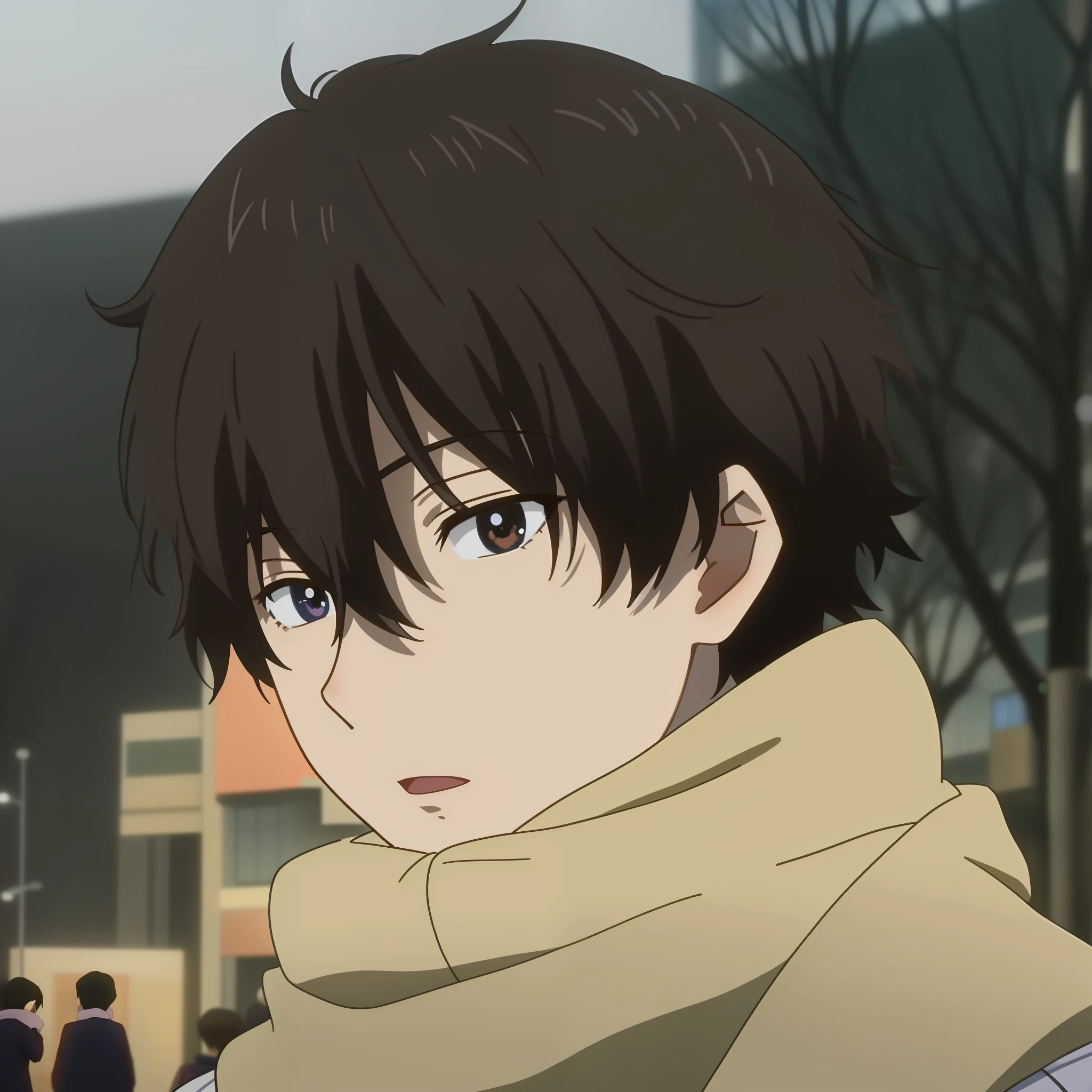 a close up of a person with a scarf on in a city, young anime man, shuushuu anime image, 2 0 1 9 anime screenshot, male anime character, still from tv anime, as an anime character, today's featured anime still, kentaro miura style, still from anime, miura kentaro style, anime handsome man, anime still image