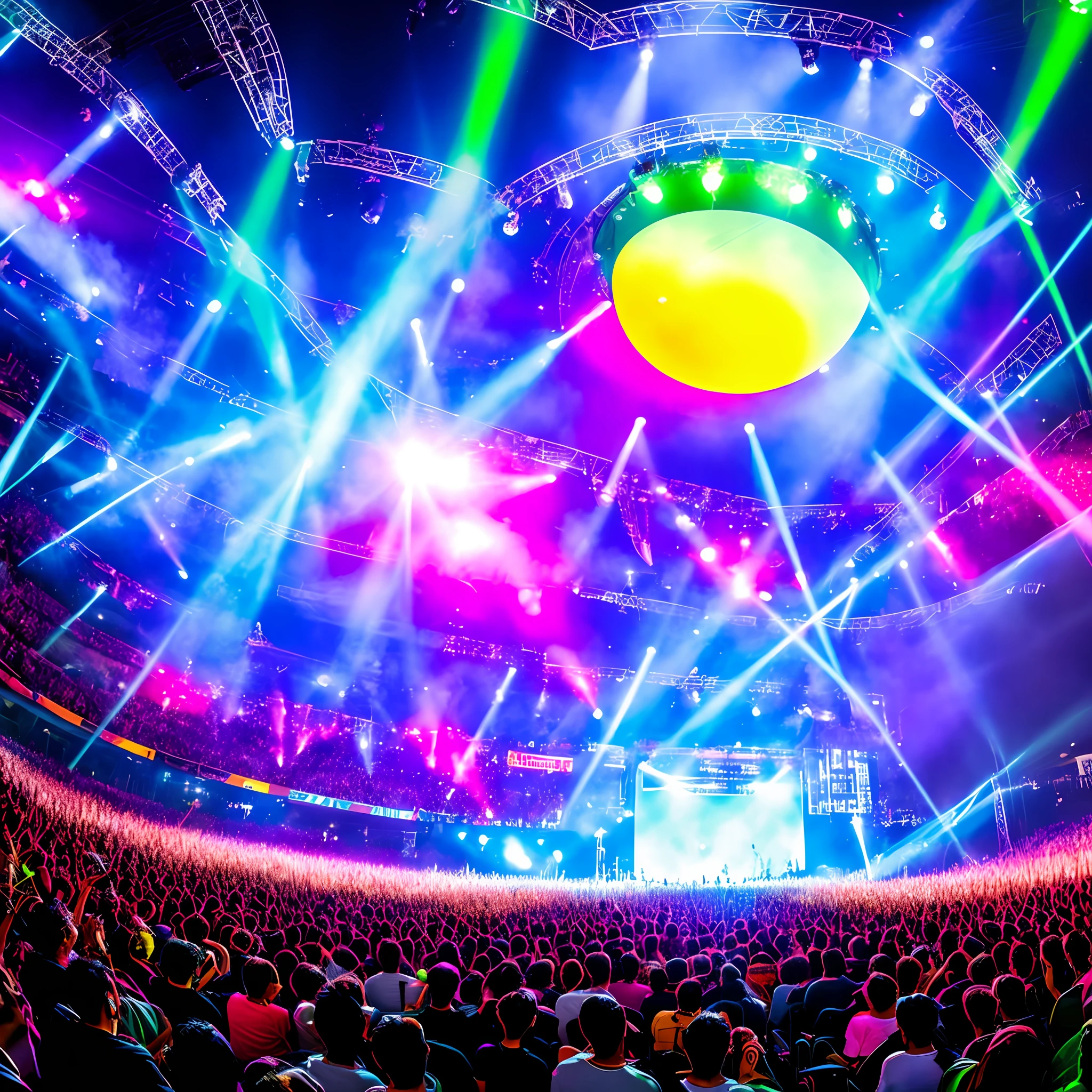 Create a band, highlighting the musicians, playing on a futuristic super stage with a big screen with images of colorful rays, at night, with the full moon standing out on high, a huge audience energizing the show highlighting vibrating energies of the audience