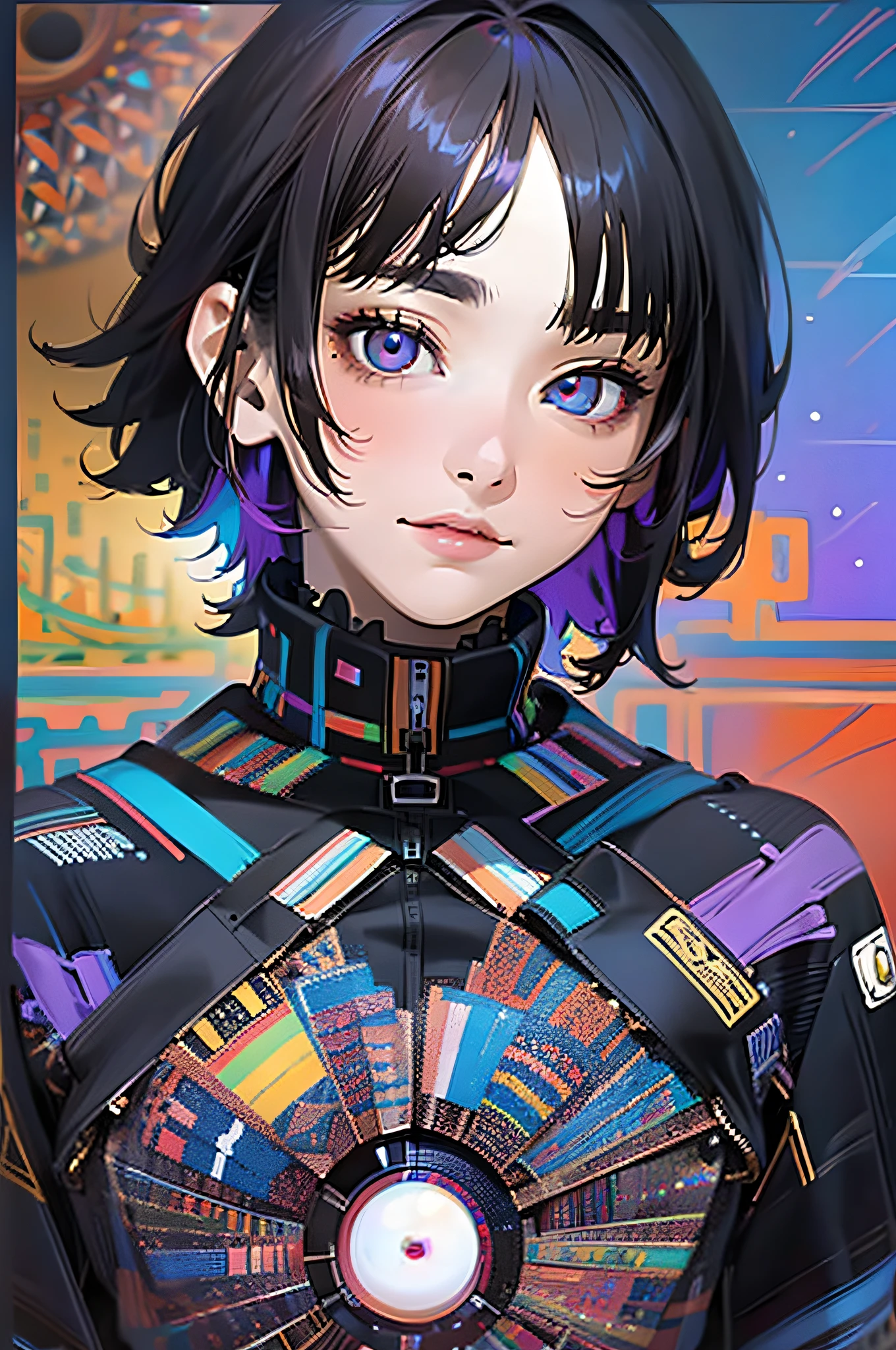 Absurd, High Resolution, Ultra Detailed, 1 Girl, Solo, Highly Detailed Eyes, (Official Art, Beautiful and Aesthetic: 1.2), (1 Girl), Extreme Detail, (Fractal Art: 1.3), Colorful, Supreme Detail, Black Hair, Short Hair, Odd Eye (Left eye is blue, Right eye is red), Full body is in view