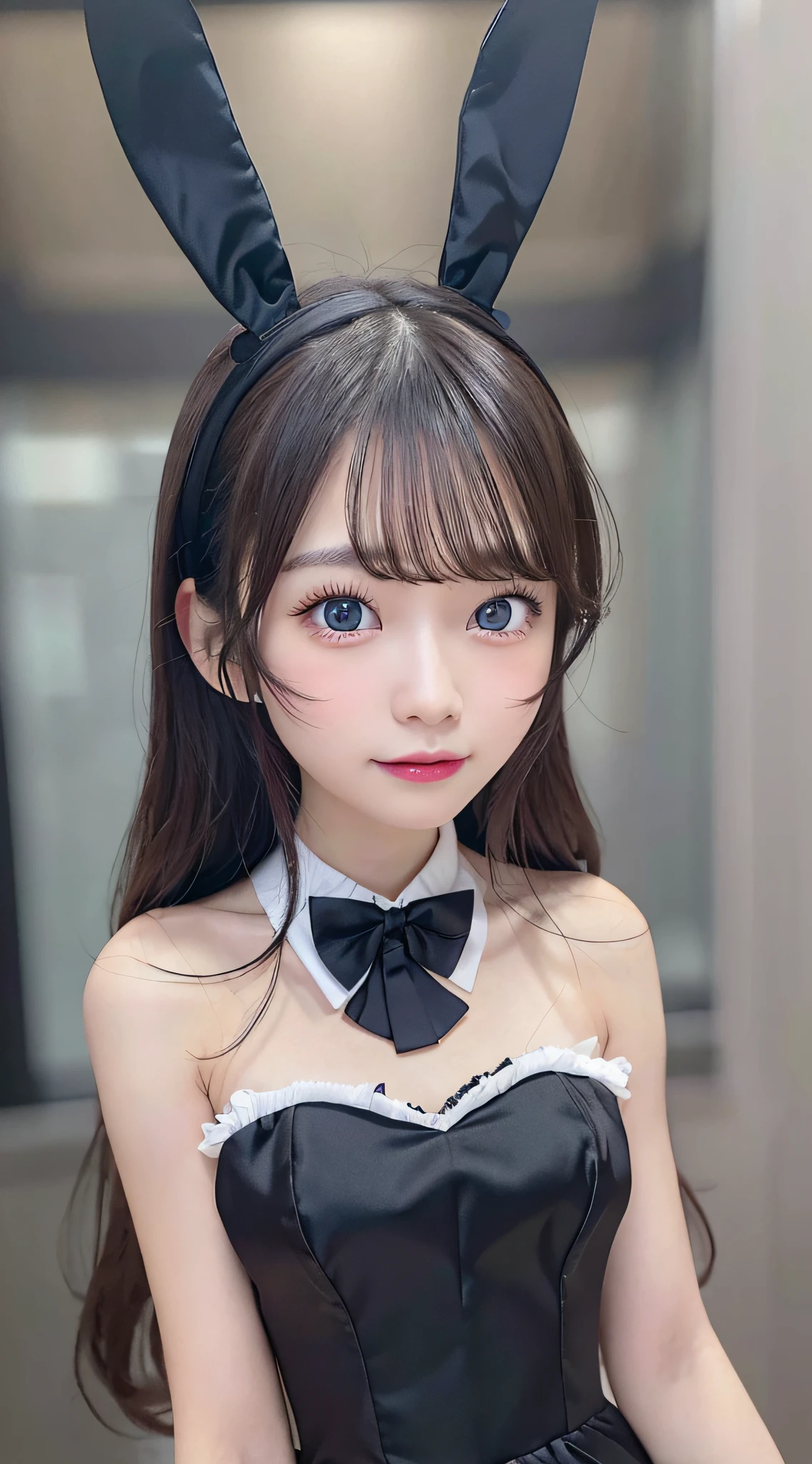 masterpiece, best quality, 8K, 1girl, beautiful detailed eyes, lora_sakurajima_mai, sakurajima_mai, black satin silk strapless leotard, bare arms, black monochromatic rabbit ears, (white collar) and (slim bow tie)), (white removable wrist cuffs), short torso, very cute face, gorgeous, pretty, beautiful maiden, masterpiece, best quality, sharp focus, movie lighting, detailed lighting, viewer view, 8k, UHD, intricate details, detailed face, highly detailed photo, photorealistic, perfect eyes, detailed eyes, realistic eyes, detailed skin, bunny costume, blue eyes, black satin silk bunny girl uniform, rabbit ears, white collar with bow tie, upper body, (school: 1.4), smile, realistic