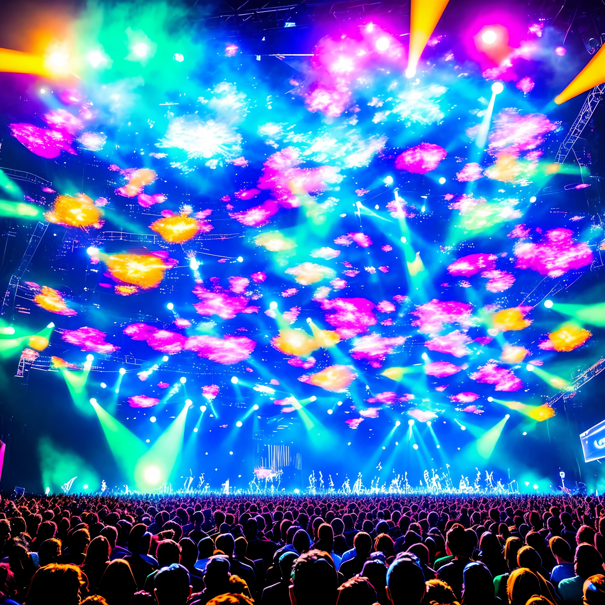 Create a band, highlighting the musicians, playing on a futuristic super stage with a big screen with images of colorful rays, at night, with the full moon standing out on high, a huge audience energizing the show highlighting vibrating energies of the audience