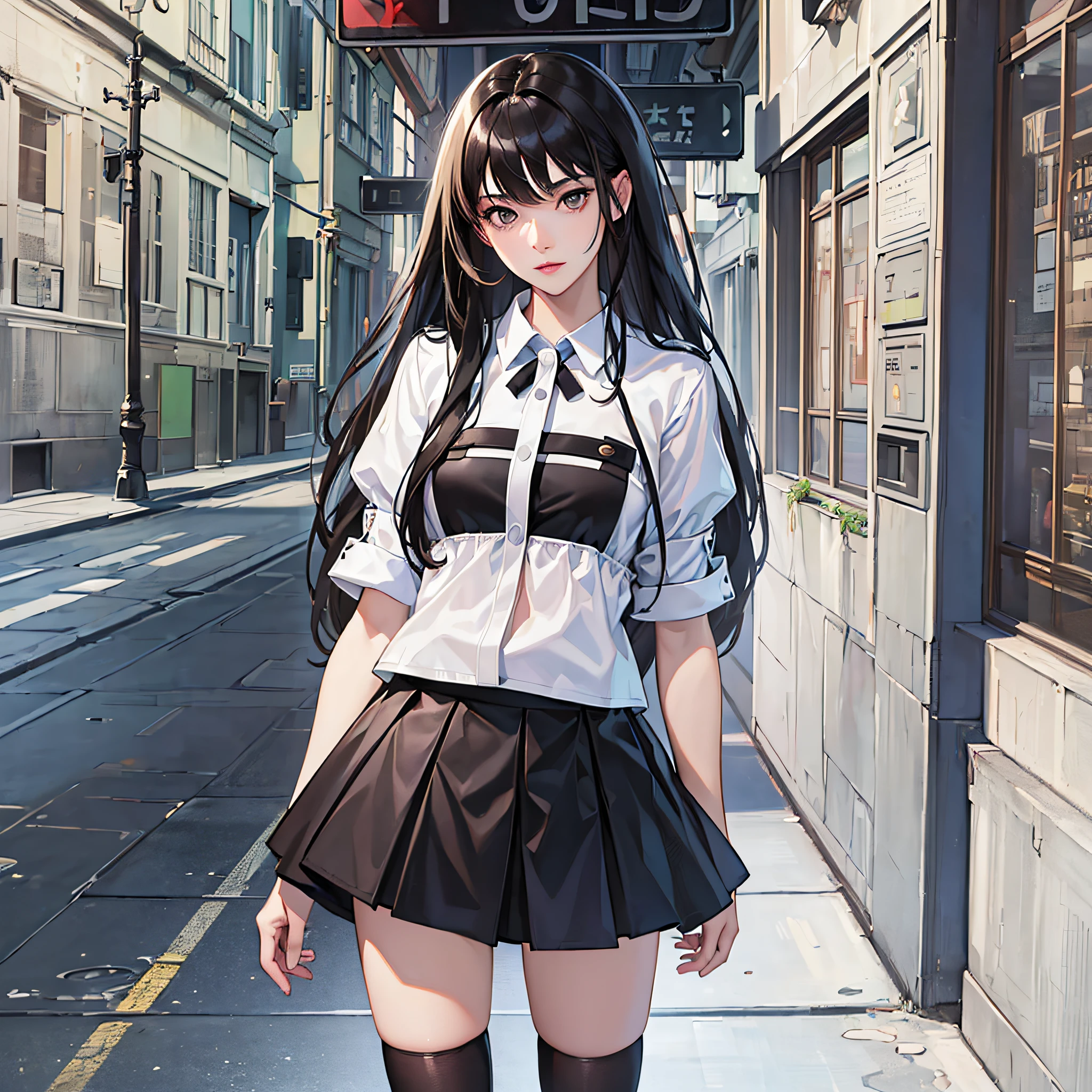 ((masterpiece, best_quality)), 1girl, (photorealistic:1.4),  solo, white_background, black_hair, long_hair,   zettai_ryouiki, skirt, ((full_body)), --auto --s2