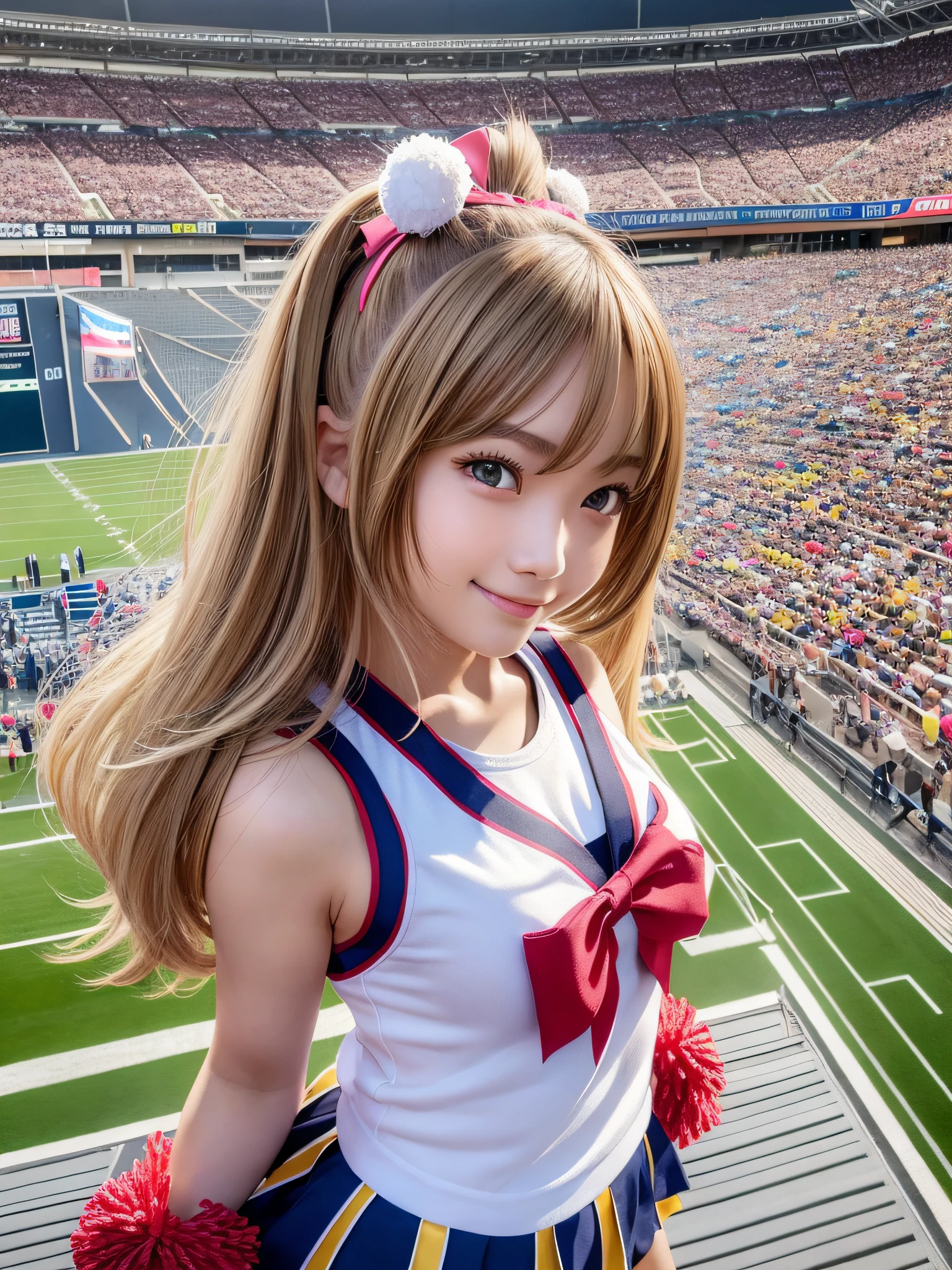 Ala-Fed Asian cheerleader posing dynamically with pom-pom in stadium, close-up, cosplay photo, anime cosplay, small breasts, RAW photo, Best Quality, High Resolution, (Masterpiece), (Photorealism:1.4), Professional Photography, Sharp Focus, HDR, 8K Resolution, Complex Details, Depth of Field, Highly detailed CG Unity 8k wallpaper, front light, NSFW, woman, girl, beautiful supermodel, smile, slender, small cheer uniform, yellow, marie rose, sailor suit