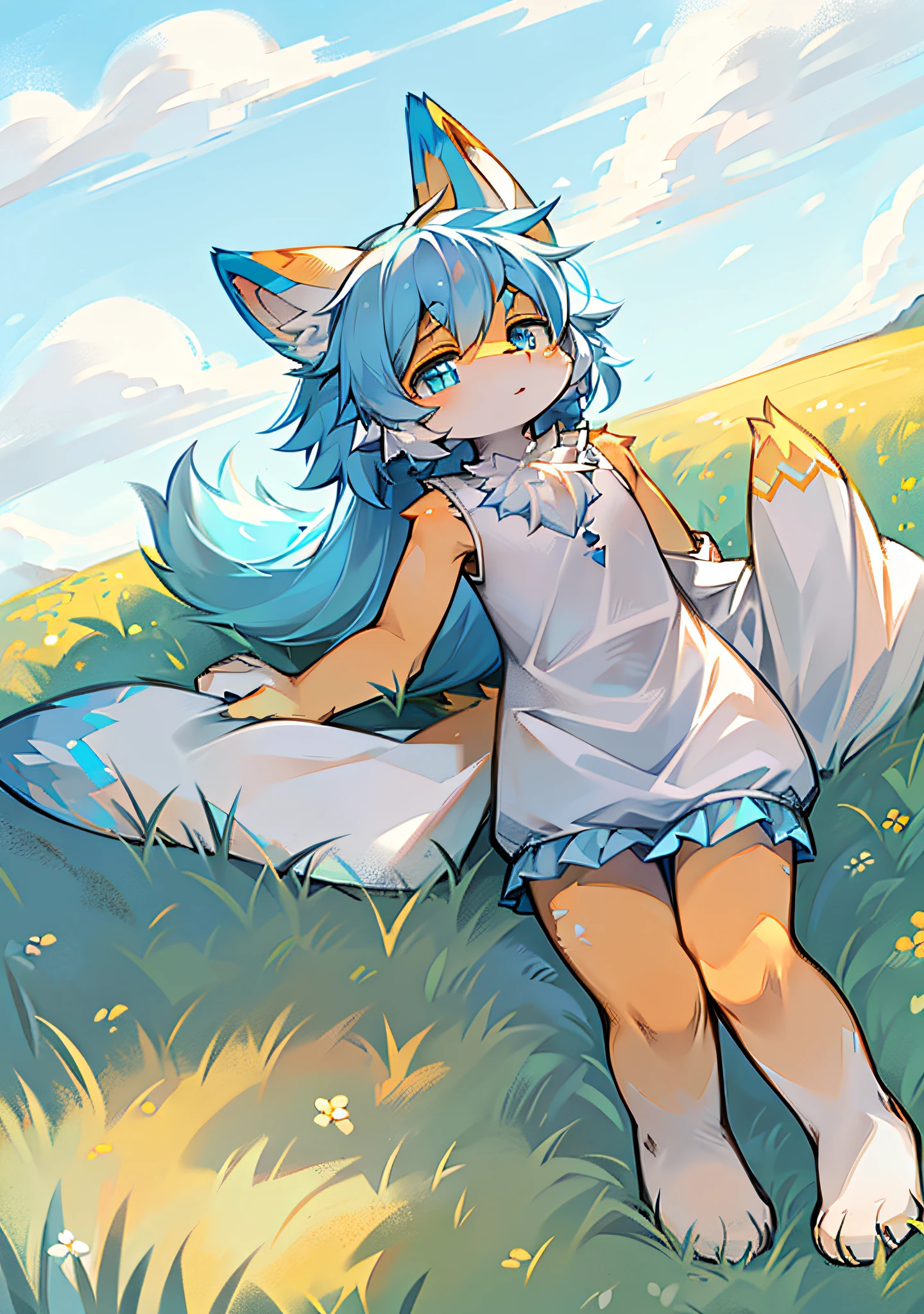 Fluffy, fluffy, cute, blue fur, a small amount of orange-yellow fur, light blue pupils, pure white ears, sky blue tail, tail tip orange, good figure, bright sky, clouds, meadow, alone, on the grass, without any objects