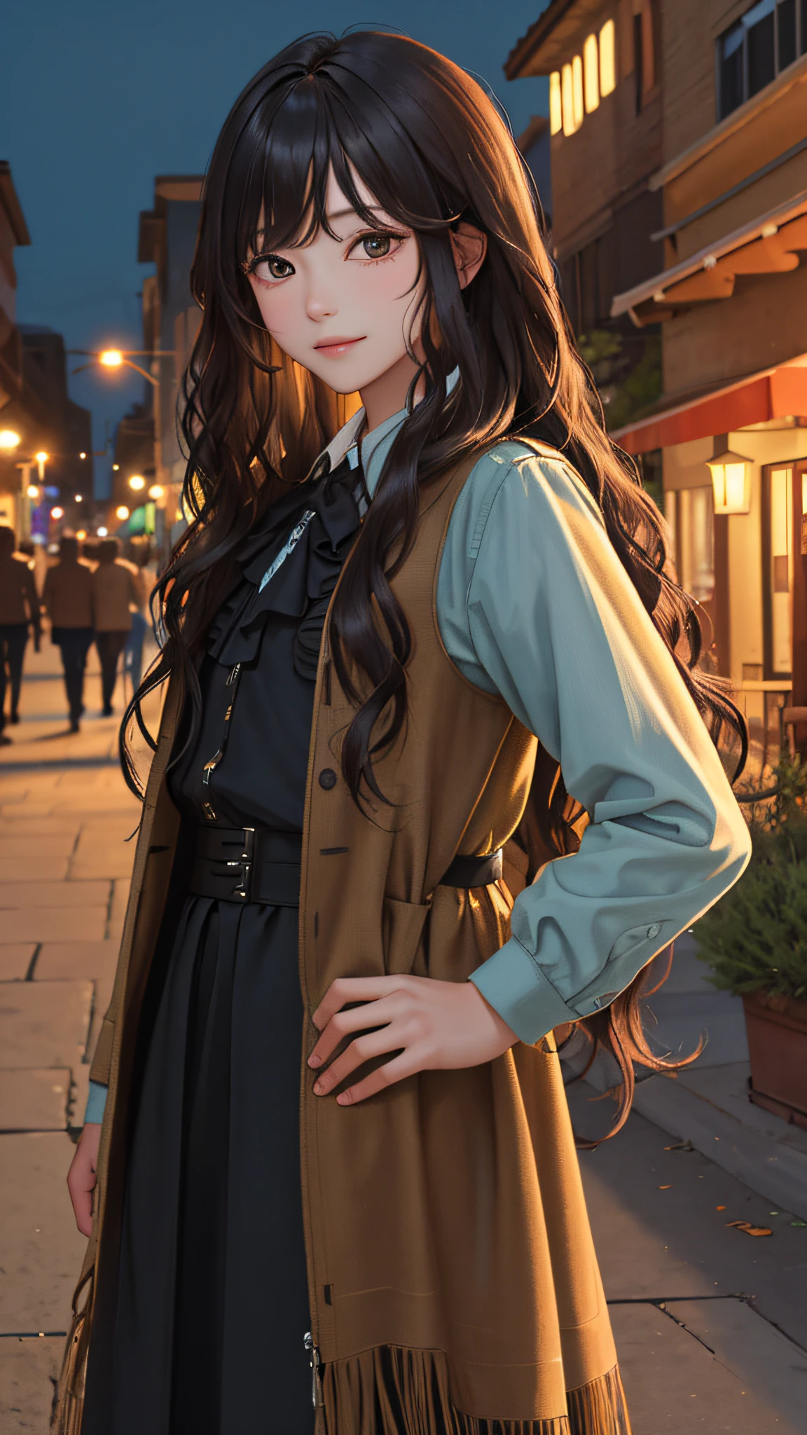 (masterpiece:1.2), (best quality:1.2), night, (looking at viewer), bright skin, cowboy shot,
outdoors, fringe,
long hair, (wavy hair),